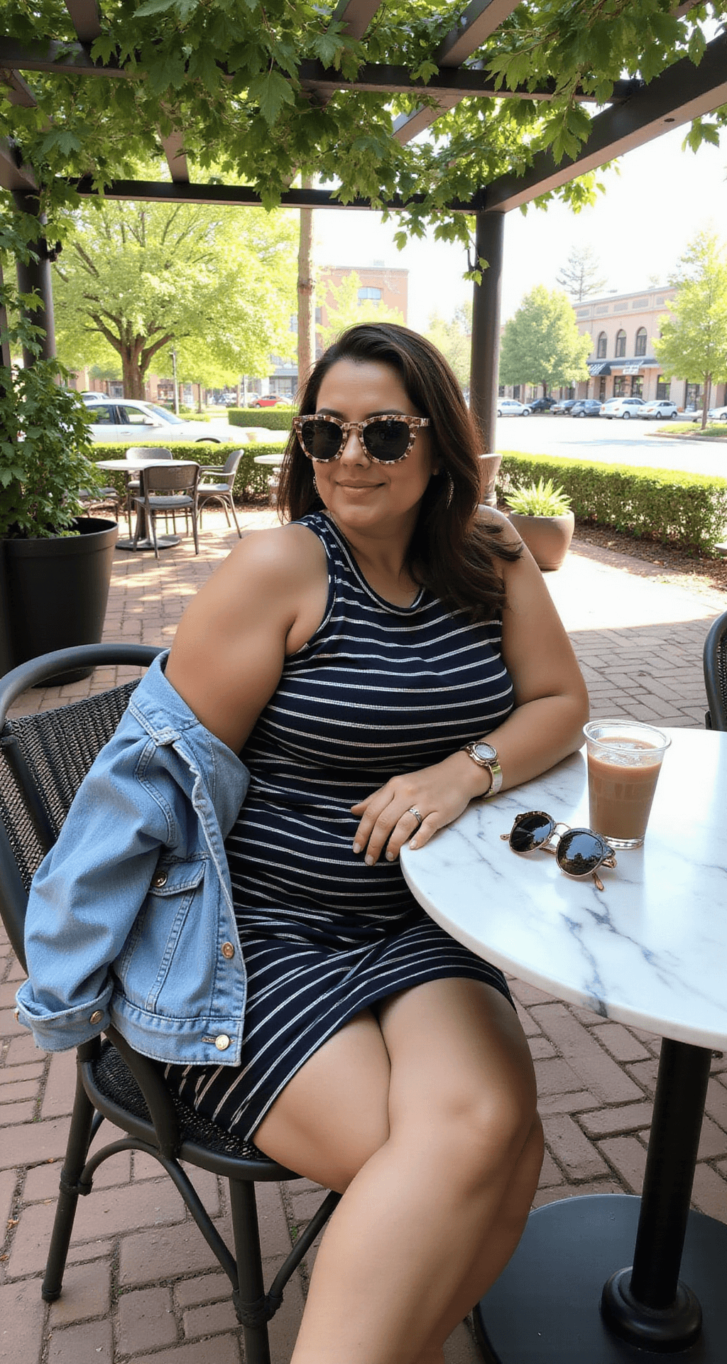 A plus-size influencer in a striped bodycon dress and thin denim jacket sits at a marble table on a chic café patio, enjoying an iced coffee. A statement clutch and oversized sunglasses are placed on the table, with dappled light filtering through the pergola above.