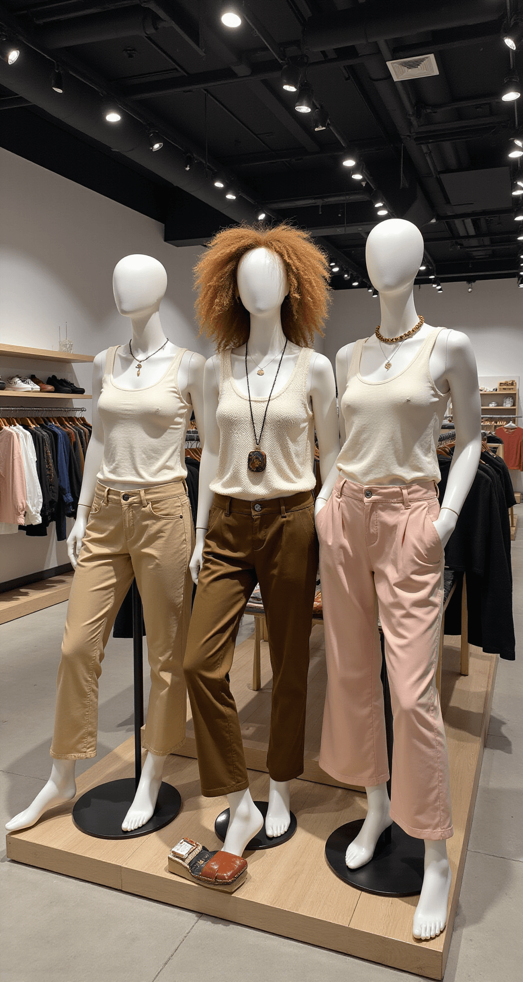 Wide shot of an H&M store interior showcasing a plus-size fashion display with mannequins dressed in summer coordinates, including breezy tank tops and wide-leg pants, complemented by statement accessories under soft ambient lighting, highlighting visual merchandising and mix-and-match possibilities.
