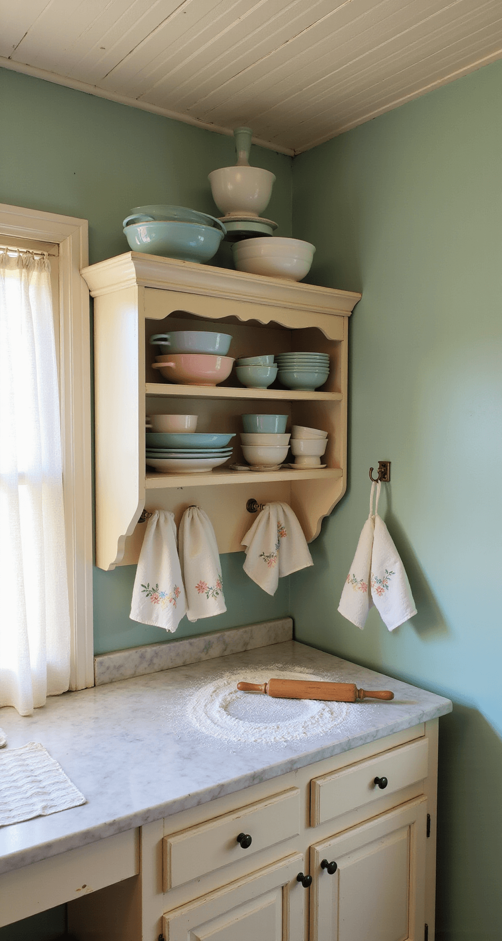 An overhead view of a cozy baking corner featuring a marble pastry surface dusted with flour, a rolling pin, and pastel Pyrex bowls displayed in an antique hutch, with sage green walls and a cream beadboard ceiling lit by afternoon light filtering through sheer curtains.