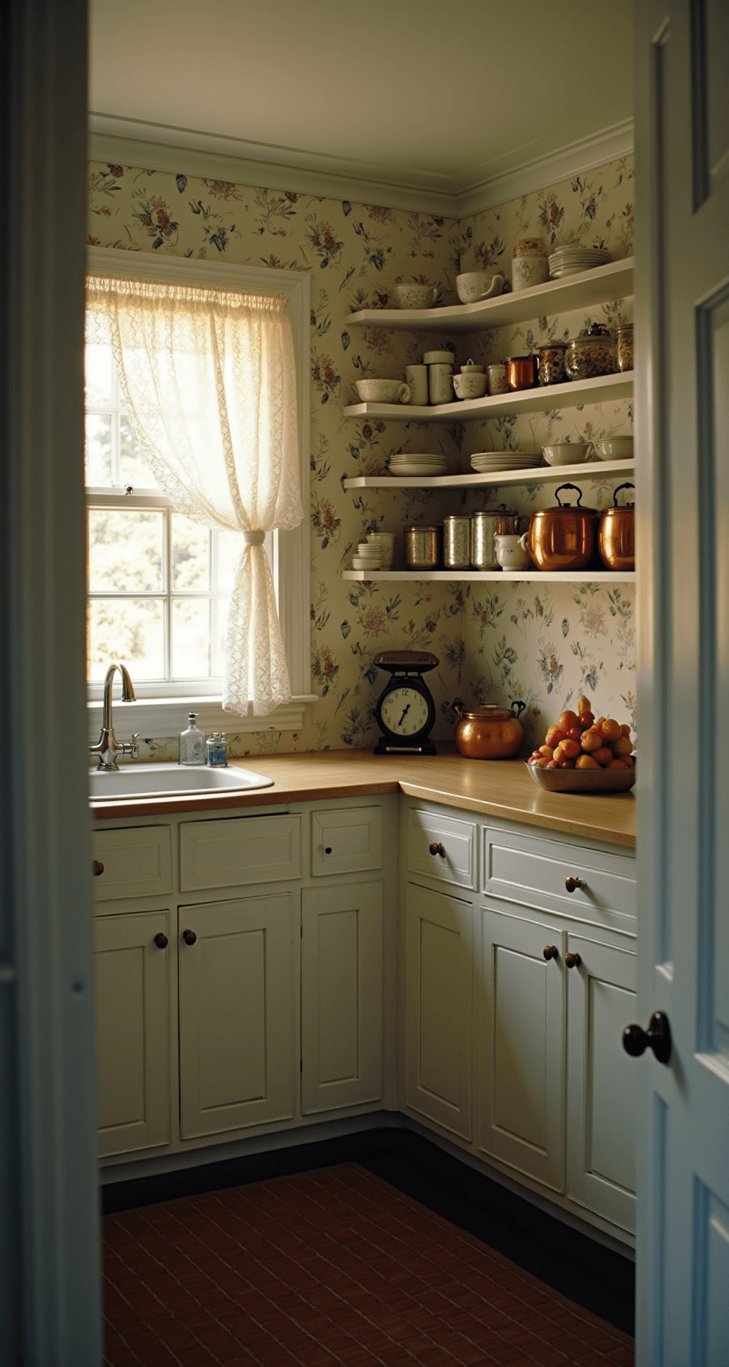 A cozy L-shaped kitchen measuring 15x18ft, featuring soft white walls with floral wallpaper, a farmhouse sink under a window dressed with eyelet lace curtains, open shelving displaying grandmother's china, copper pots on a wall-mounted rack, and a vintage scale with fresh fruit, all illuminated by mixed ambient and warm accent lighting at dusk.