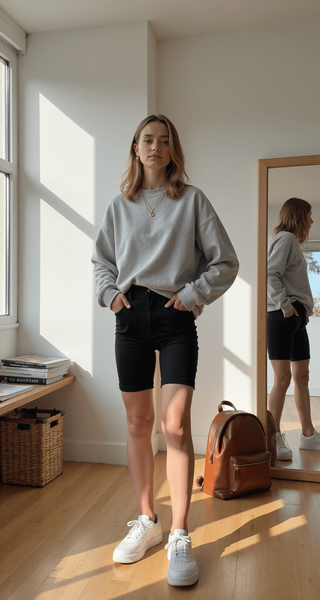 A fashion-forward student styles an oversized heather grey crew neck over black high-waisted bike shorts in a sunlit, minimalist bedroom, with clean white Nike Air Force 1s and a delicate gold necklace. A full-length mirror reflects their pose, while an organized desk area showcases fashion magazines and a leather backpack. The early morning light creates a soft, airy atmosphere.