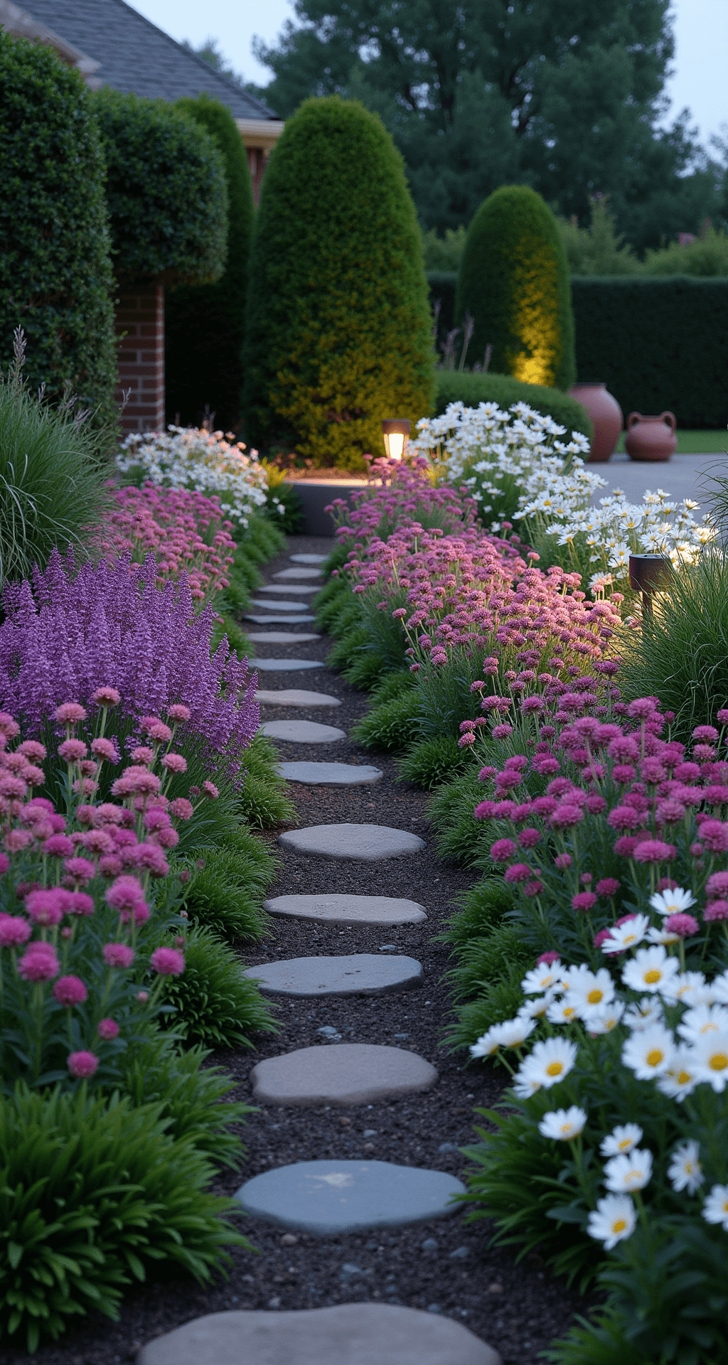 A dusk photograph of a 20ft mixed perennial border featuring layers of short purple catmint, pink echinacea, and tall white delphiniums, illuminated by modern copper path lights. Geometric yew topiary adds structure, with vintage terracotta pots scattered throughout, capturing cool evening tones against warm lighting from an elevated perspective.