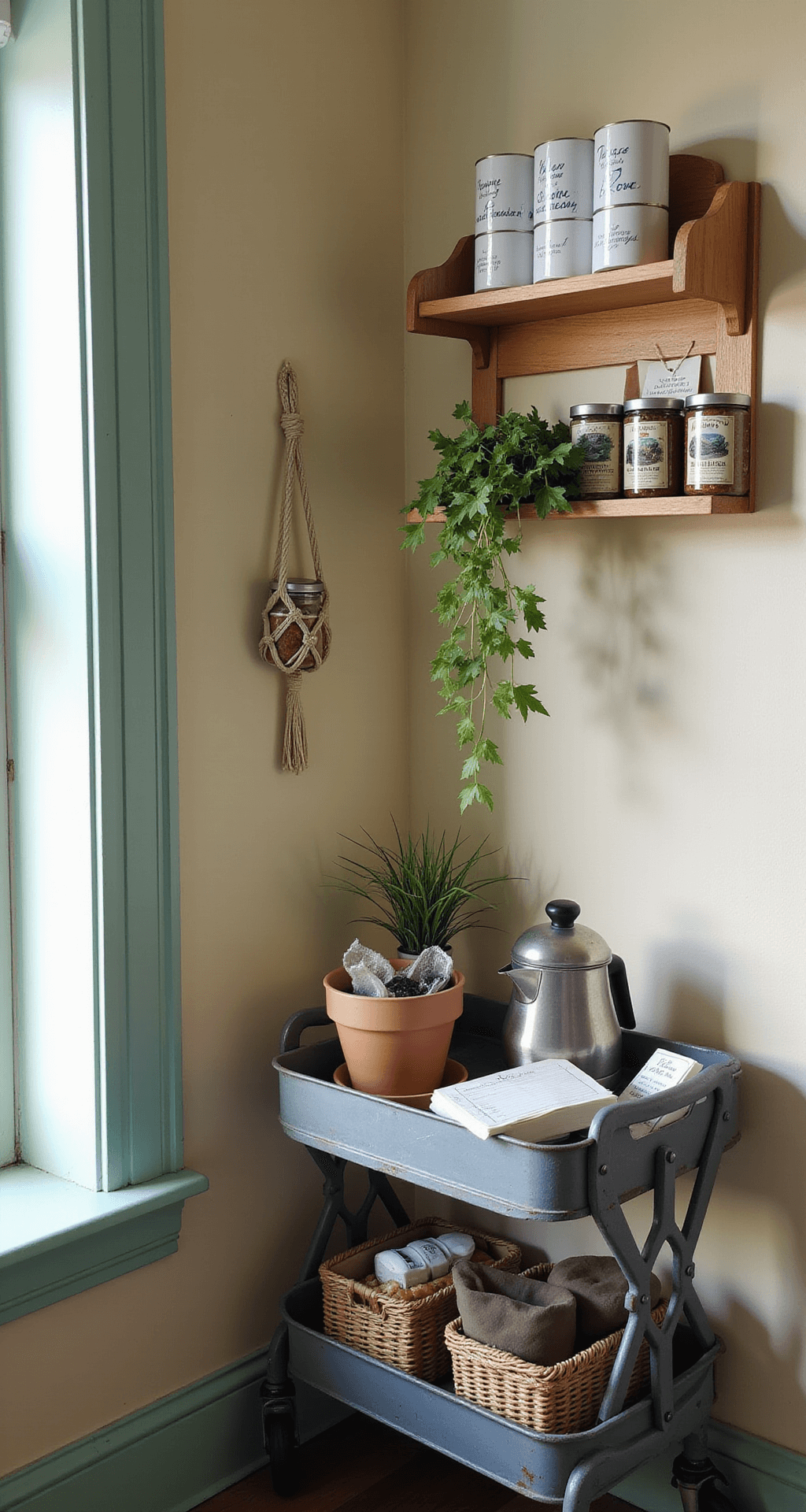 A cozy coffee station bathed in early morning light, featuring butter cream walls and mint trim, a vintage cart with an enamel coffee pot, mismatched cups, and handwritten recipe cards, alongside a macrame plant hanger with potted ivy and a wooden spice rack displaying tea tins, captured in close-up to highlight intimate details with soft bokeh.