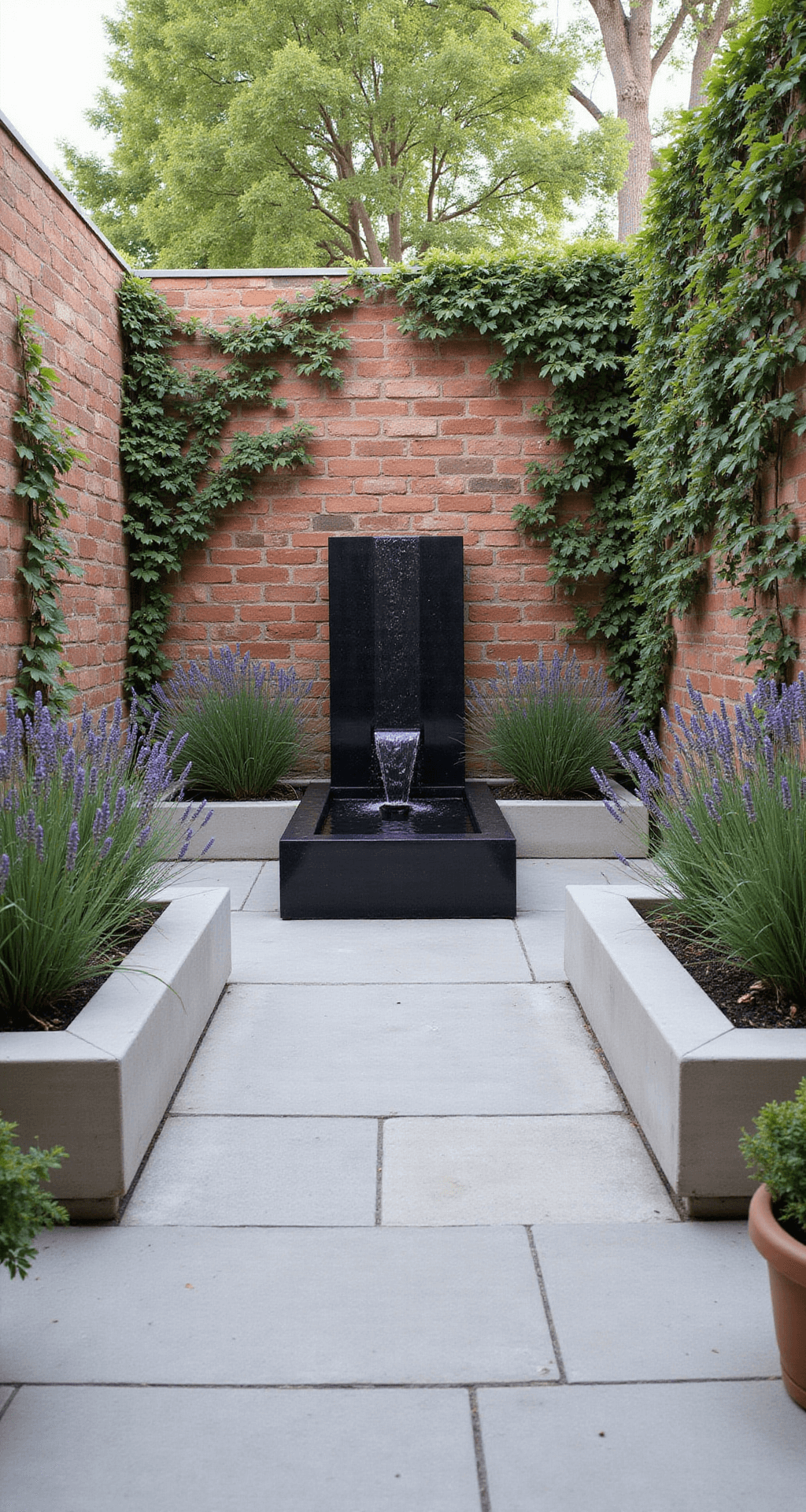 A contemporary courtyard featuring a cubic black granite water feature at its center, surrounded by structured lavender beds and ornamental grasses in modern concrete planters. The scene is framed by reclaimed brick walls adorned with climbing roses, under mid-afternoon light casting crisp shadows. Natural stone paving in pale limestone and minimal weathered teak deck furniture enhance the symmetrical design.