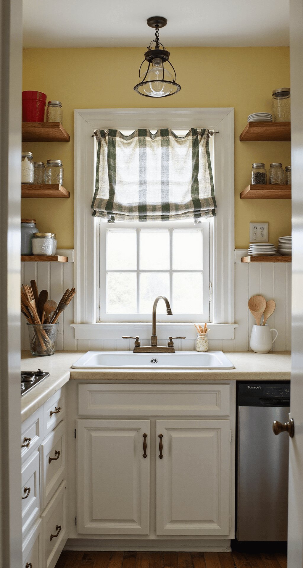 A galley-style kitchen prep area measuring 8x14ft, featuring pale yellow walls, white beadboard wainscoting, rustic wooden shelves with mason jars and vintage kitchen tools, gingham curtains over a porcelain sink, captured from the end of the galley to emphasize linear perspective, with soft natural lighting.