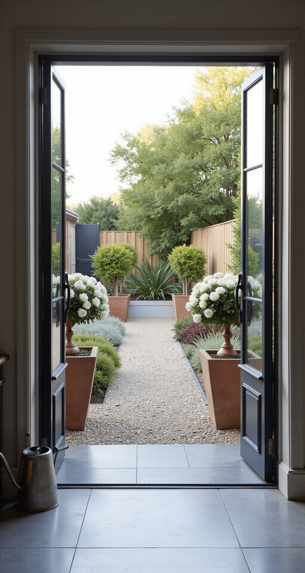 View from inside a garden room featuring French doors that open to a 15x20ft garden, with morning light illuminating mixed planting beds. Modern grey porcelain tiles lead to an informal gravel path, flanked by architectural planters with box balls. White David Austin roses climb copper obelisks, complemented by vintage zinc watering cans and terracotta pots.