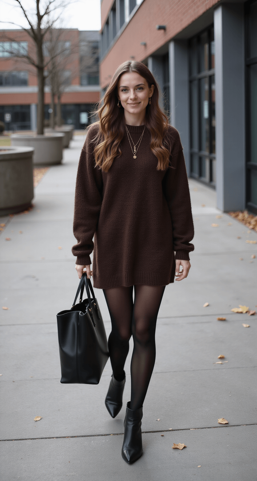 A student in a chocolate brown sweater dress layered over sheer black tights and pointed-toe ankle boots walks through a contemporary school courtyard, with modern architecture and autumn leaves in the background. She wears a simple gold pendant necklace and a subtle ear cuff, carrying a structured leather tote bag, all captured in diffused midday light that creates a moody, sophisticated atmosphere.