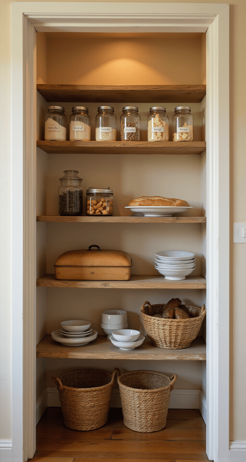 A well-organized 10x12ft pantry bathed in afternoon light, featuring warm cream walls and reclaimed wooden shelves filled with glass jars labeled by hand, a vintage bread box, cake stands, and woven baskets for root vegetables, captured straight-on from the doorway with a symmetrical composition.