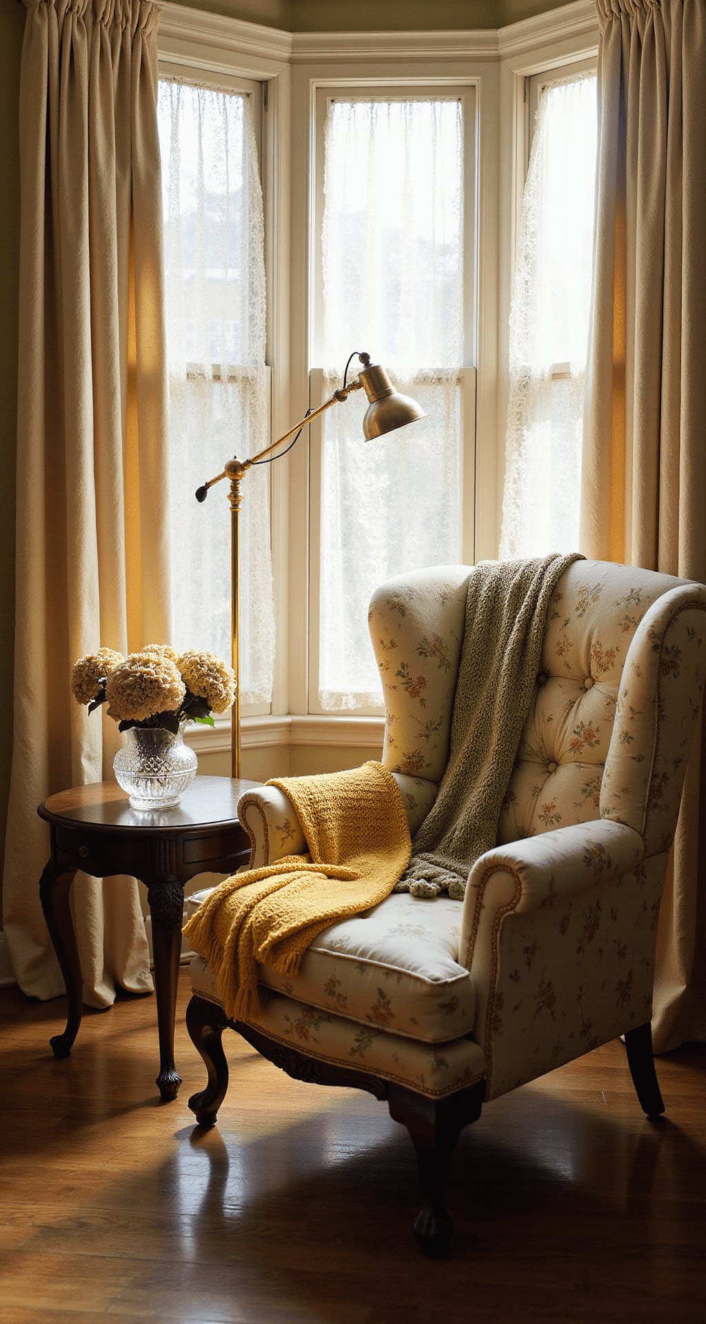 A cozy 15x18ft living room bathed in warm honeyed light from a bay window, featuring a vintage floral-print armchair with layered crocheted throws, a brass floor lamp, and a dark cherry side table adorned with dried hydrangeas, captured from a low angle.