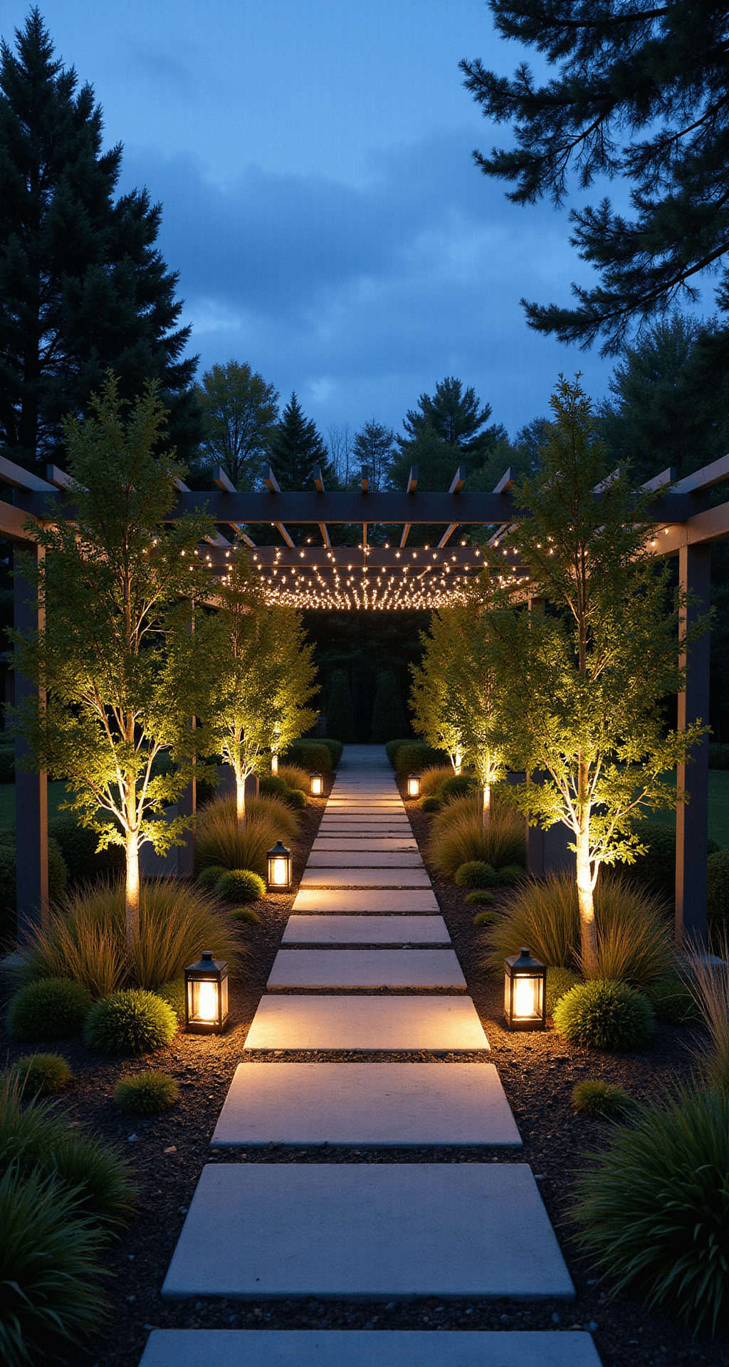 A tranquil evening garden scene at blue hour, featuring modern bollard lights along a geometric pathway, illuminated specimen trees, and glowing ornamental grasses, with a contemporary pergola draped in festoon lights above, and scattered hurricane lanterns providing warm accents.