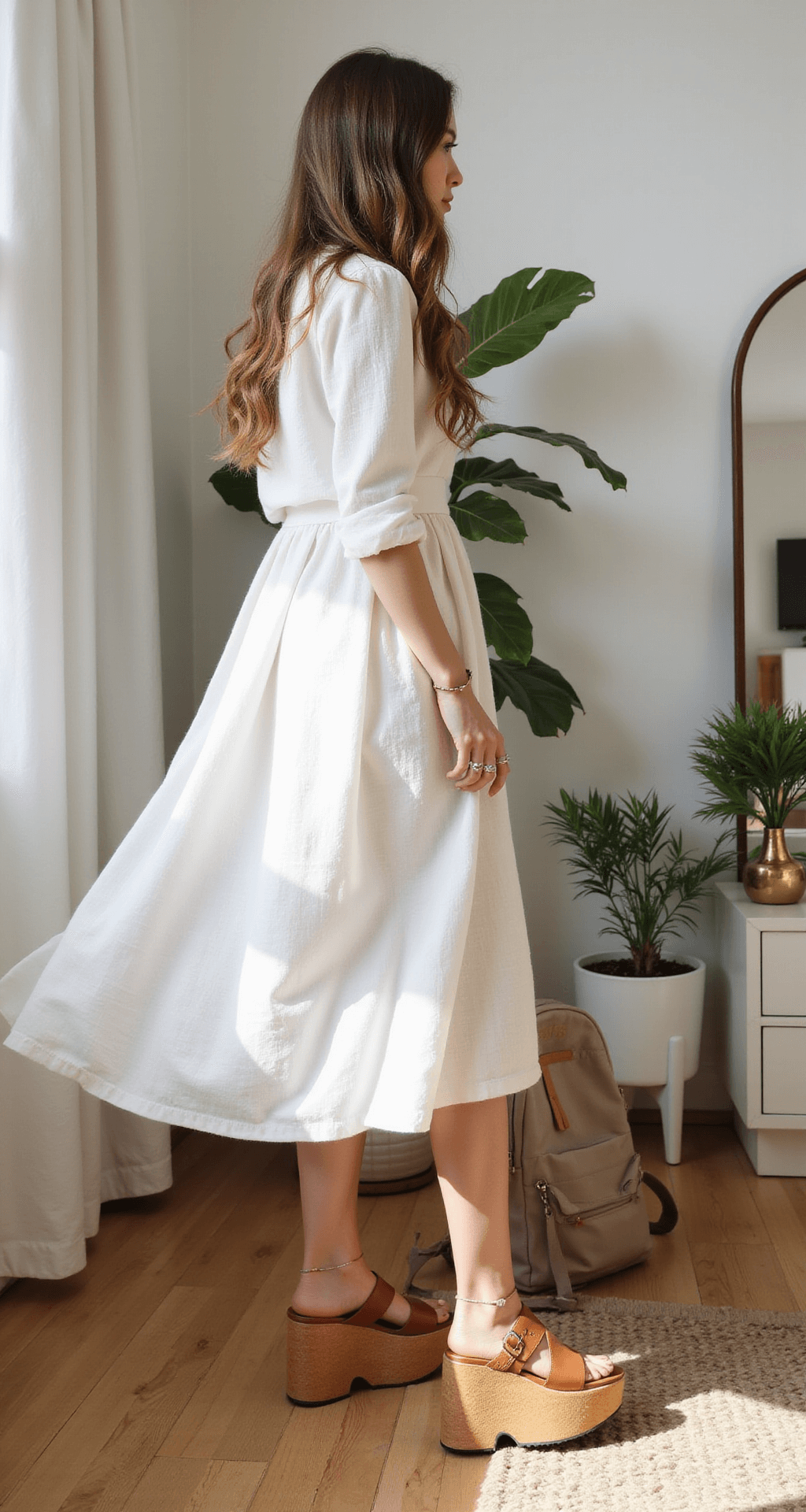 Bright, airy bedroom corner bathed in morning light, featuring a student in a white linen midi dress with pleating and tan platform sandals, accessorized with a delicate anklet and minimal rings. A neutral canvas backpack rests nearby, with a vintage vanity mirror and potted plants in the setting, capturing the flowing movement of the dress from a side angle for a fresh, summery aesthetic.