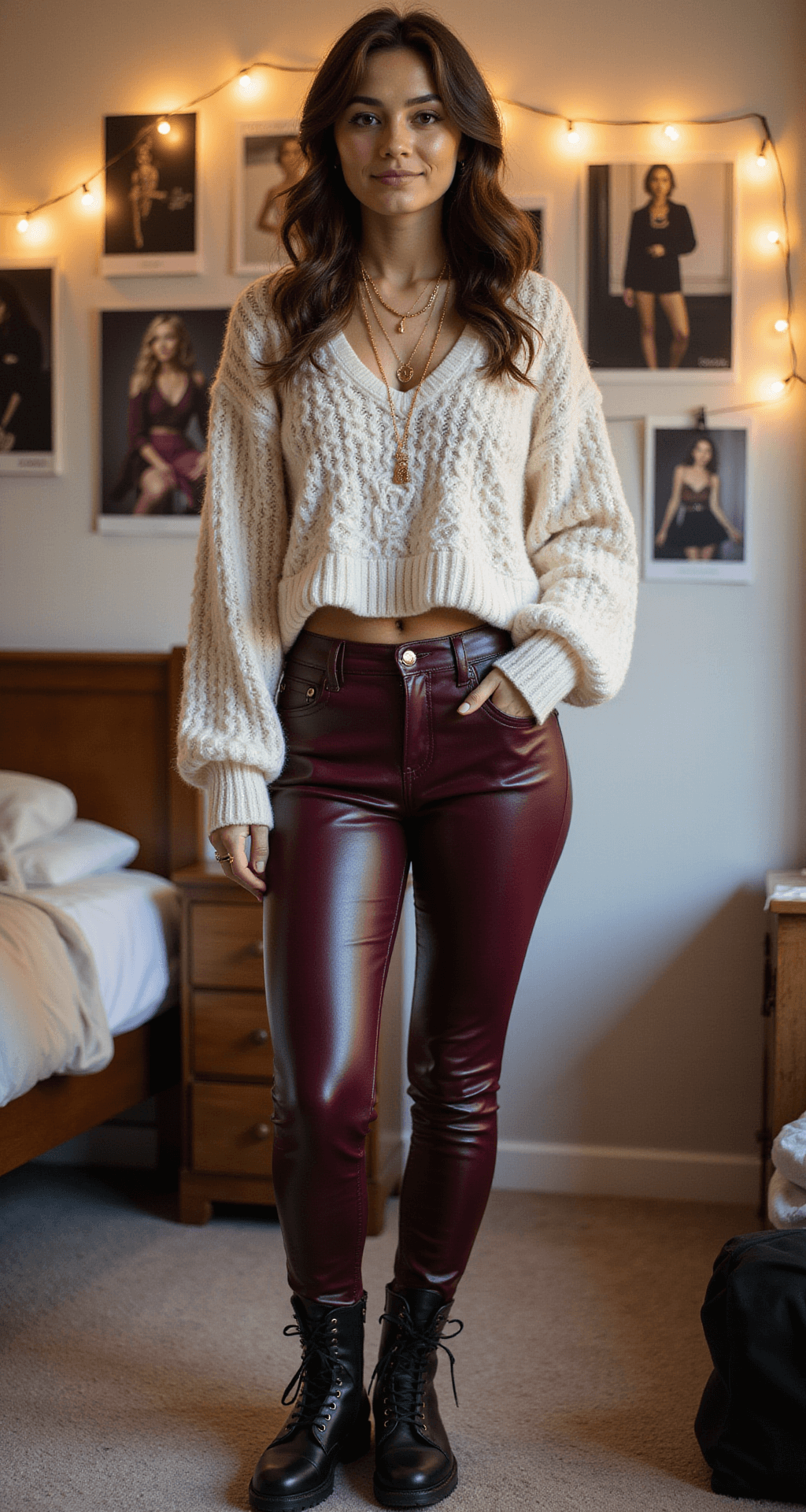 A modern dorm room bathed in warm evening lighting showcases a fashionable outfit: a chunky cream cable-knit sweater paired with high-waisted faux leather pants in deep burgundy, completed with black combat boots featuring subtle hardware details. The model wears long layered gold necklaces and simple studs, surrounded by fairy lights and fashion postcards on the wall, creating a cozy yet edgy atmosphere with rich, contrasting textures.