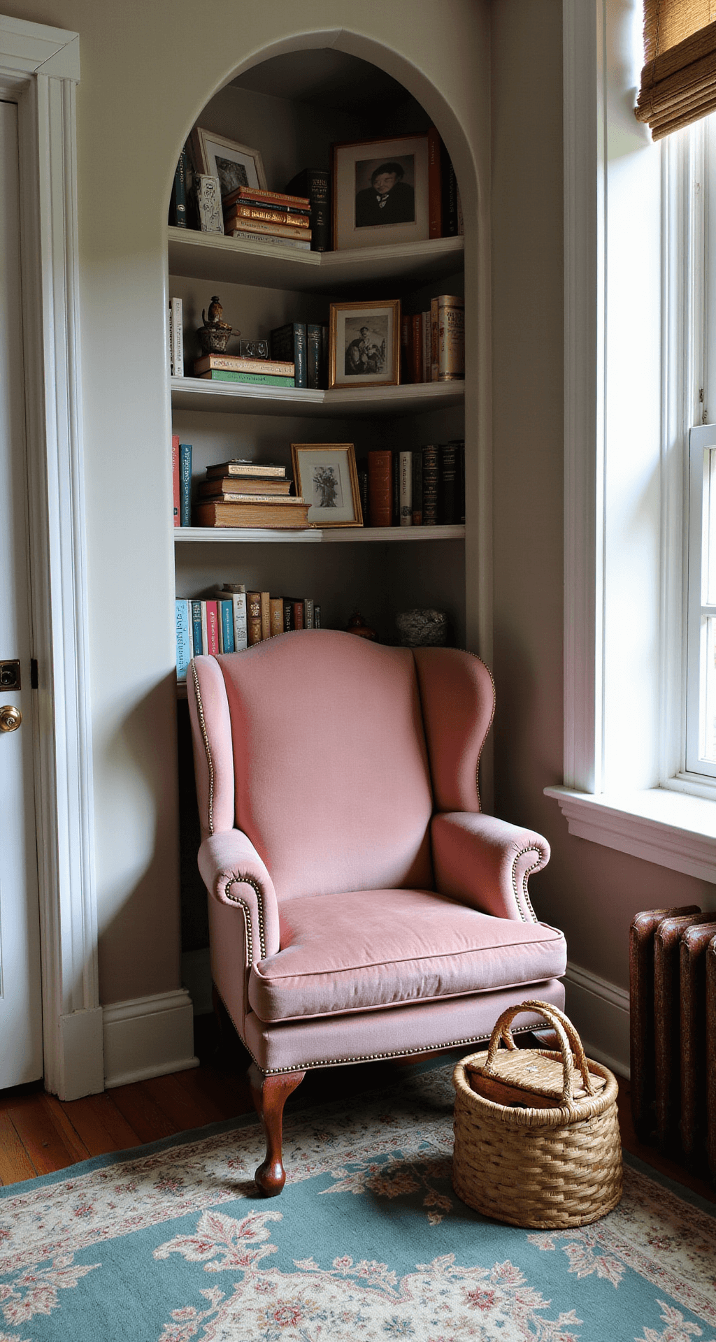 A cozy corner reading nook with a vintage wingback chair in dusty rose velvet, a built-in curved bookshelf filled with leather-bound classics and family photos, and a hand-knotted Persian rug in muted teals and creams, all bathed in soft morning light. The focus is on the worn armrest of the chair, with an antique sewing basket nearby.