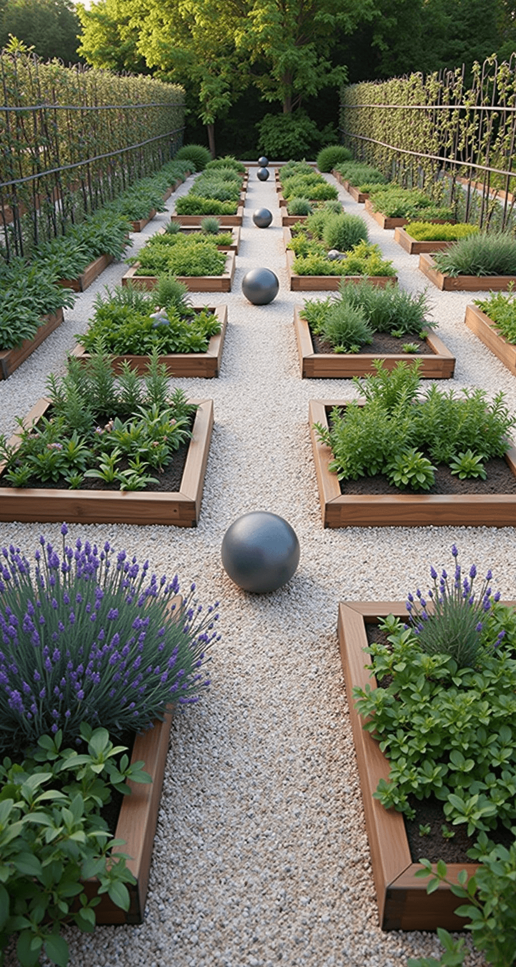A formal potager garden at morning light featuring geometric raised beds made of weathered oak, filled with herbs and vegetables, a modern armillary sphere as the central focal point, gravel paths lined with lavender, and espaliered fruit trees on contemporary wire supports, shot from an elevated position to showcase the geometric layout, styled with vintage garden tools and zinc plant markers.
