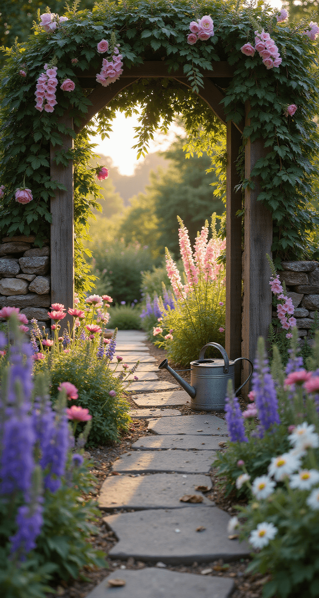 A golden hour view of a charming cottage garden entrance framed by a wooden arch entwined with climbing roses, showcasing a meandering stone path. The scene features tall foxgloves and vibrant cottage flowers like purple delphiniums, pink peonies, and white cosmos spilling onto the path, with a vintage zinc watering can among lavender. Soft evening light enhances the textures and creates a dreamy bokeh effect.