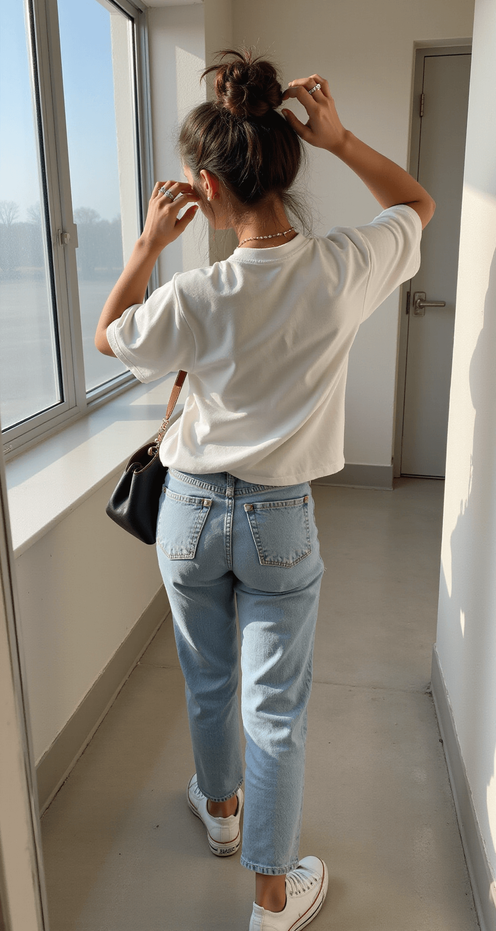 A bright school bathroom with frosted windows illuminates a student adjusting a messy bun adorned with pearl hair clips. She wears an oversized band tee tucked into light wash mom jeans, white canvas sneakers, and simple silver rings. A minimal leather crossbody bag hangs at her side, captured from a mirror reflection angle that highlights her stylish moment in a clean, bright setting with vintage touches.