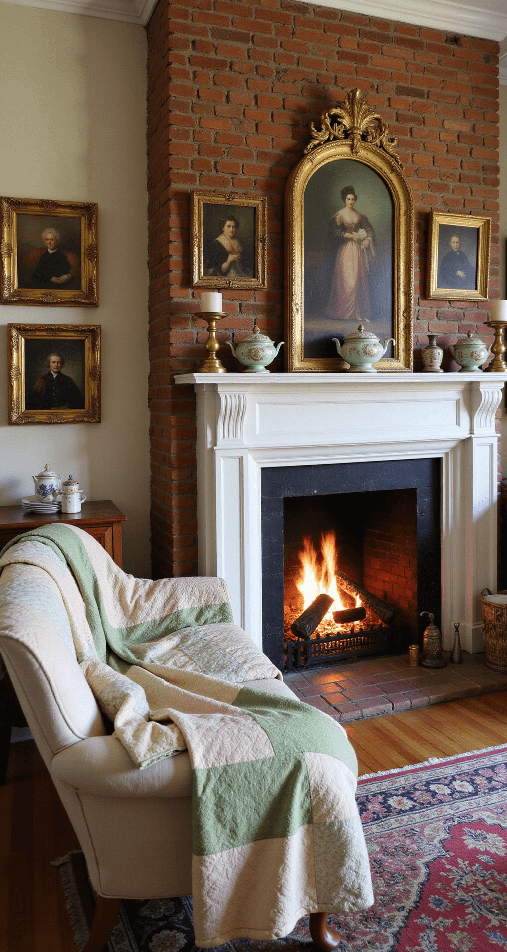 A cozy living room vignette featuring a weathered white brick fireplace adorned with brass candlesticks and vintage china, a patchwork quilt draped over a camelback sofa, and an asymmetrical arrangement of ornate-framed oil paintings above the mantel, all illuminated by warm ambient light during golden hour.
