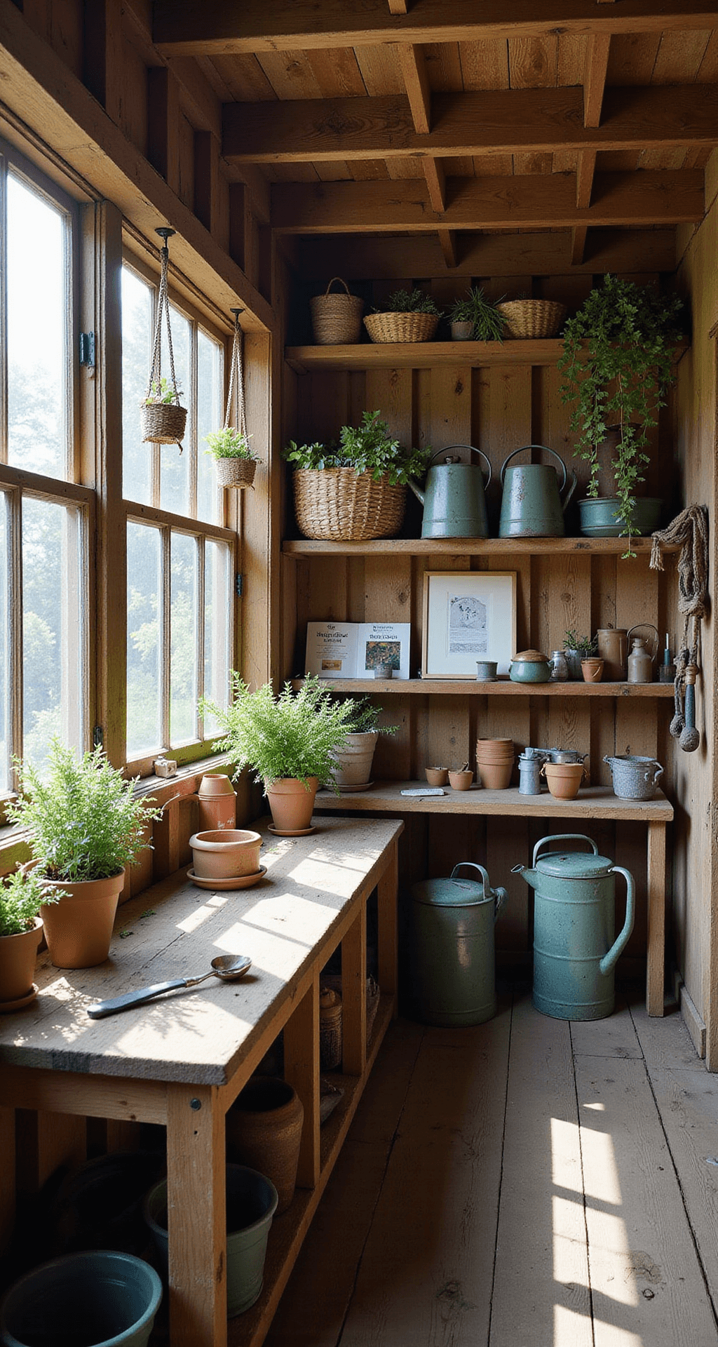 A rustic garden shed workspace featuring a reclaimed wood workbench, terracotta pots, vintage gardening tools, and hanging dried herbs, illuminated by morning light streaming through multi-pane windows.