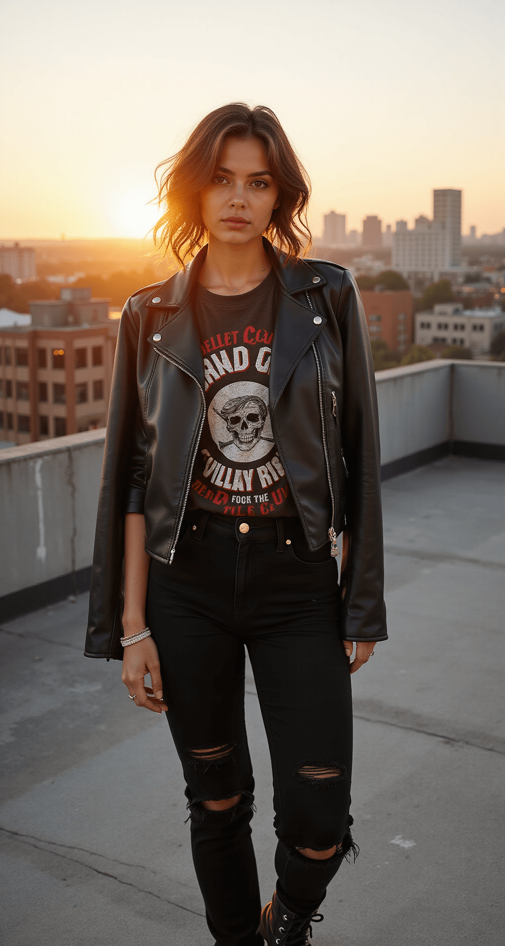 A model in high-waisted black ripped jeans and a vintage band tee poses on a sun-drenched urban rooftop during golden hour, with a leather jacket draped over her shoulders and combat boots featuring subtle scuffing. The shot, captured from a low angle, showcases the city skyline in the background, with natural styling and a shallow depth of field emphasizing texture and a dreamy bokeh effect.