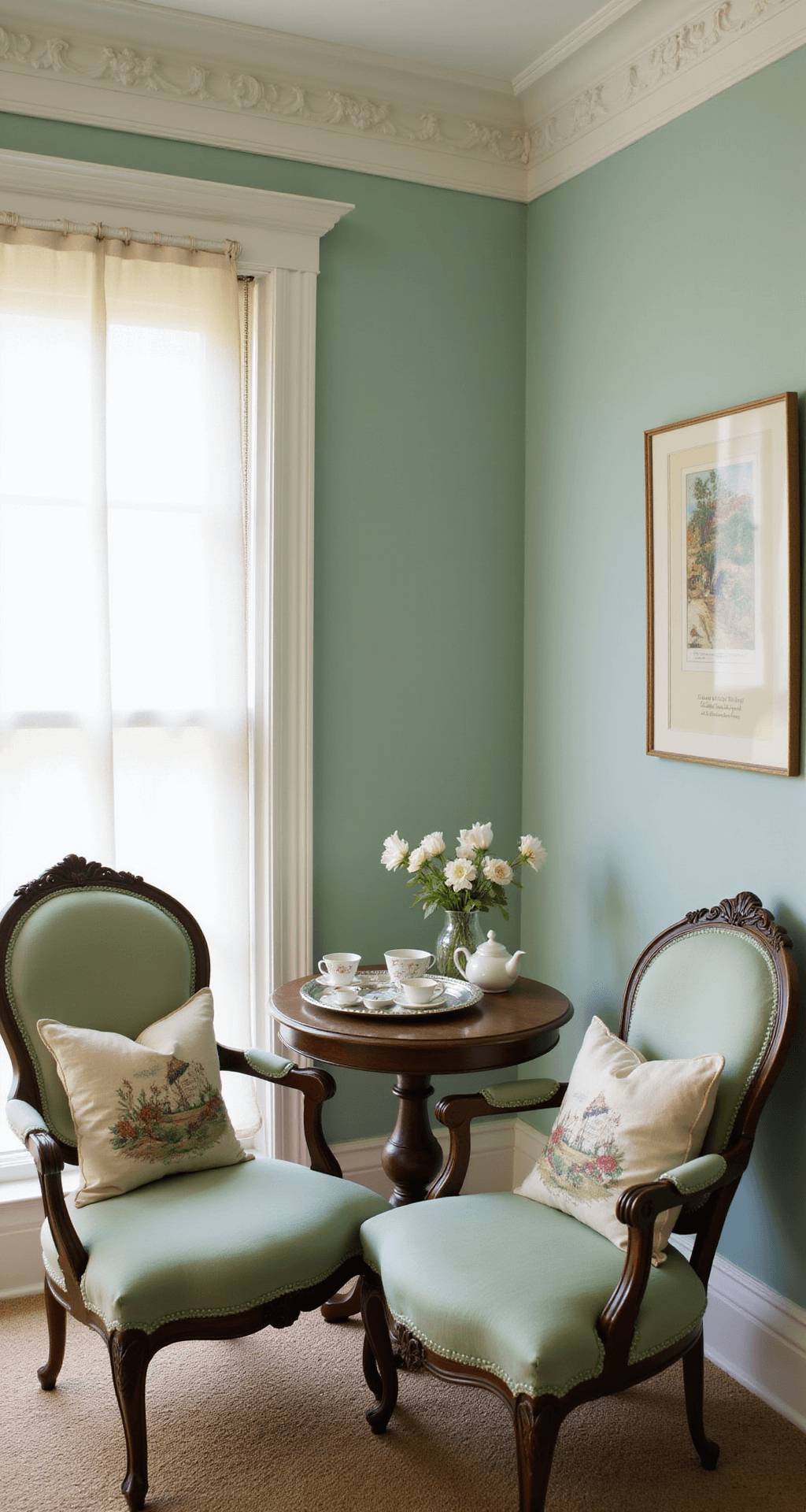 Intimate conversation area with two Victorian-style chairs in faded mint upholstery angled towards a round oak tea table, featuring a delicate bone china tea set on a silver tray and hand-embroidered cushions. Crown molding accentuates the high ceiling, illuminated by soft afternoon light filtering through sheer curtains.