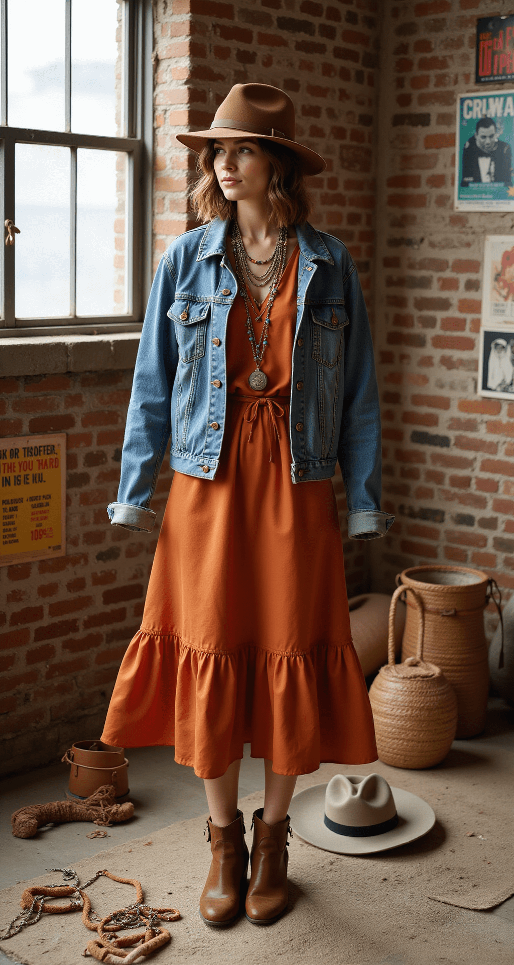 Backstage-inspired fashion setup featuring a burnt orange silk midi dress with a denim jacket and brown suede ankle boots, accented by layered necklaces, a woven bag, and a wide-brim hat, illuminated by soft natural light.
