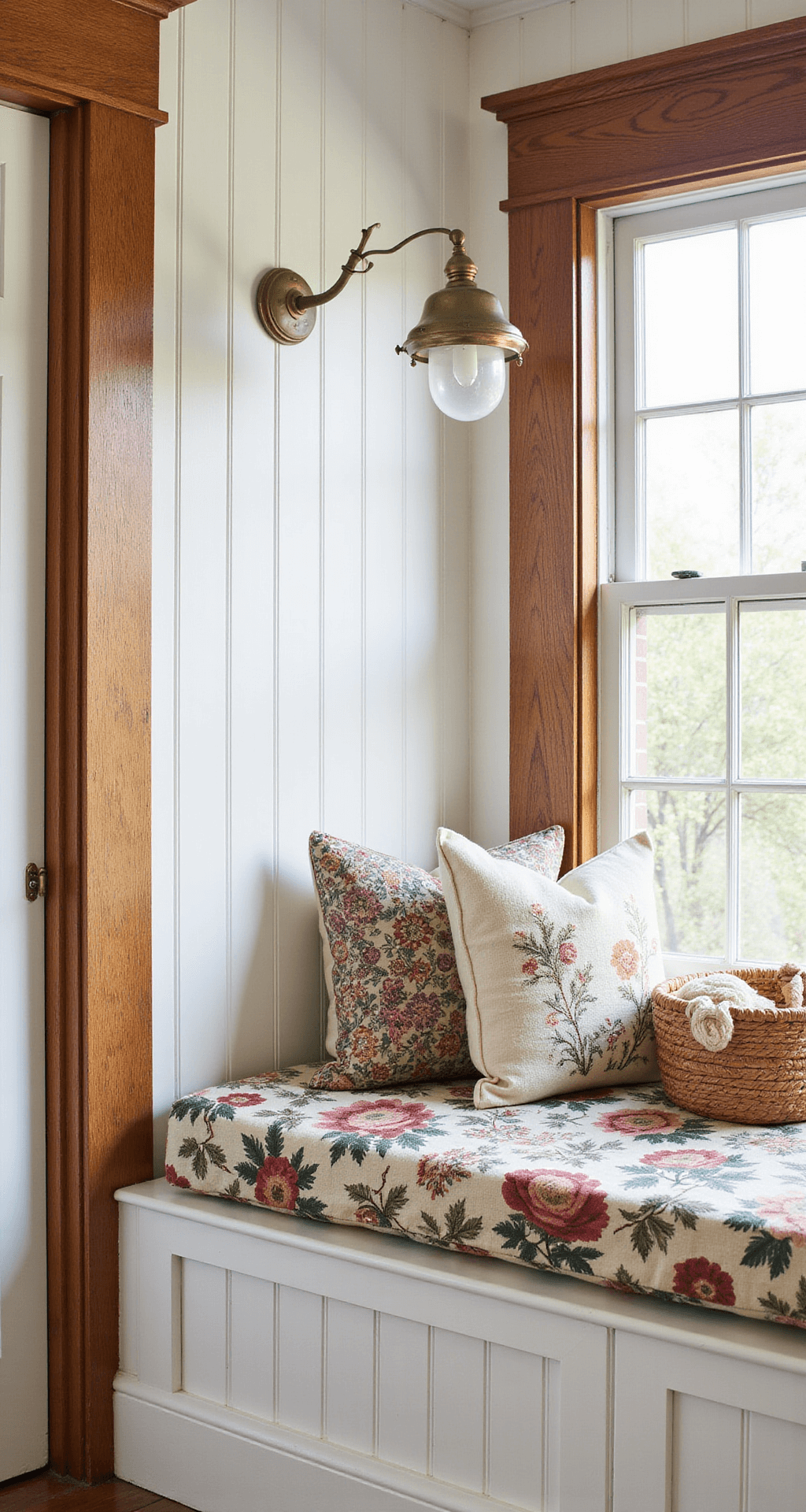 A cozy window seat sanctuary featuring white beadboard backing, vintage botanical needlepoint pillows, a weathered brass reading lamp, and a knitting basket with a cream wool project, all framed by a warm oak window with wavy glass panes, capturing the intricate textile textures and soft filtered daylight.