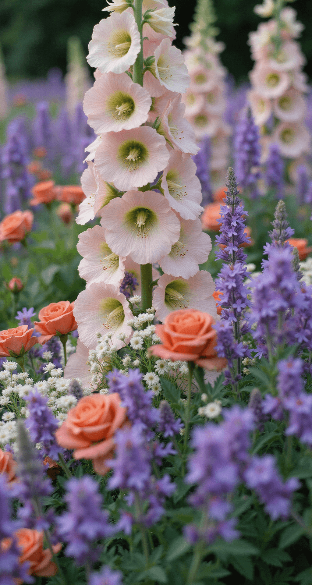 Intimate macro shot of a vibrant cottage garden border at peak bloom, featuring pale pink hollyhocks, medium-height purple salvias, coral-colored roses, and white feverfew, with a foreground of bee-covered lavender spikes, all captured with side lighting that enhances petal texture and creates an atmospheric haze.