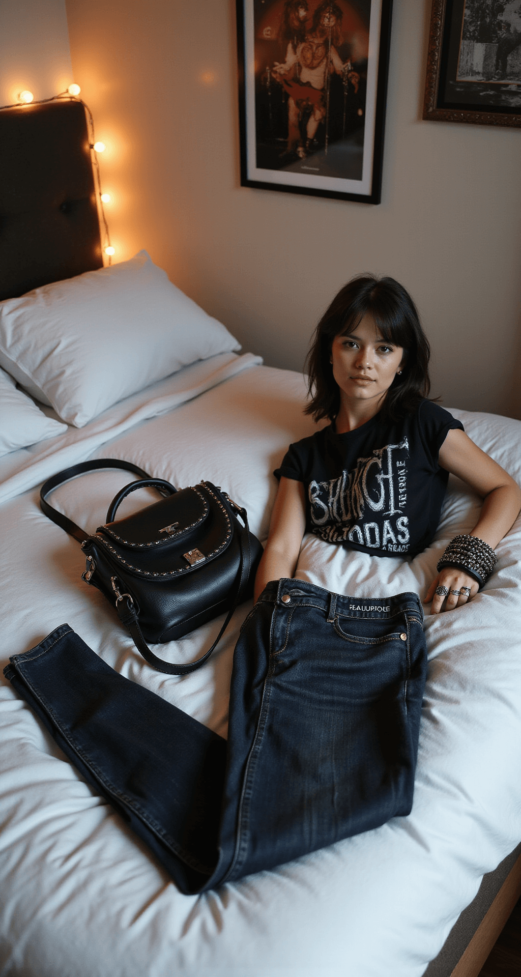 Cozy bedroom corner featuring a curated concert outfit laid flat on a white duvet, including a black leather crossbody bag, distressed band tee, and high-waisted dark denim, accompanied by accessories like a studded bracelet, chunky rings, and platform boots, illuminated by early evening ambient lighting and string lights.