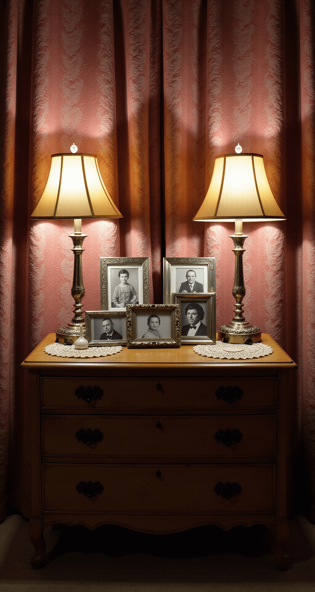 Cozy evening scene featuring mismatched table lamps casting warm light, a vintage dresser as a media console with family photos in silver frames, crocheted doilies under the lamps, and heavy damask curtains in deep rose, all captured in low light to emphasize the glow and shadows.