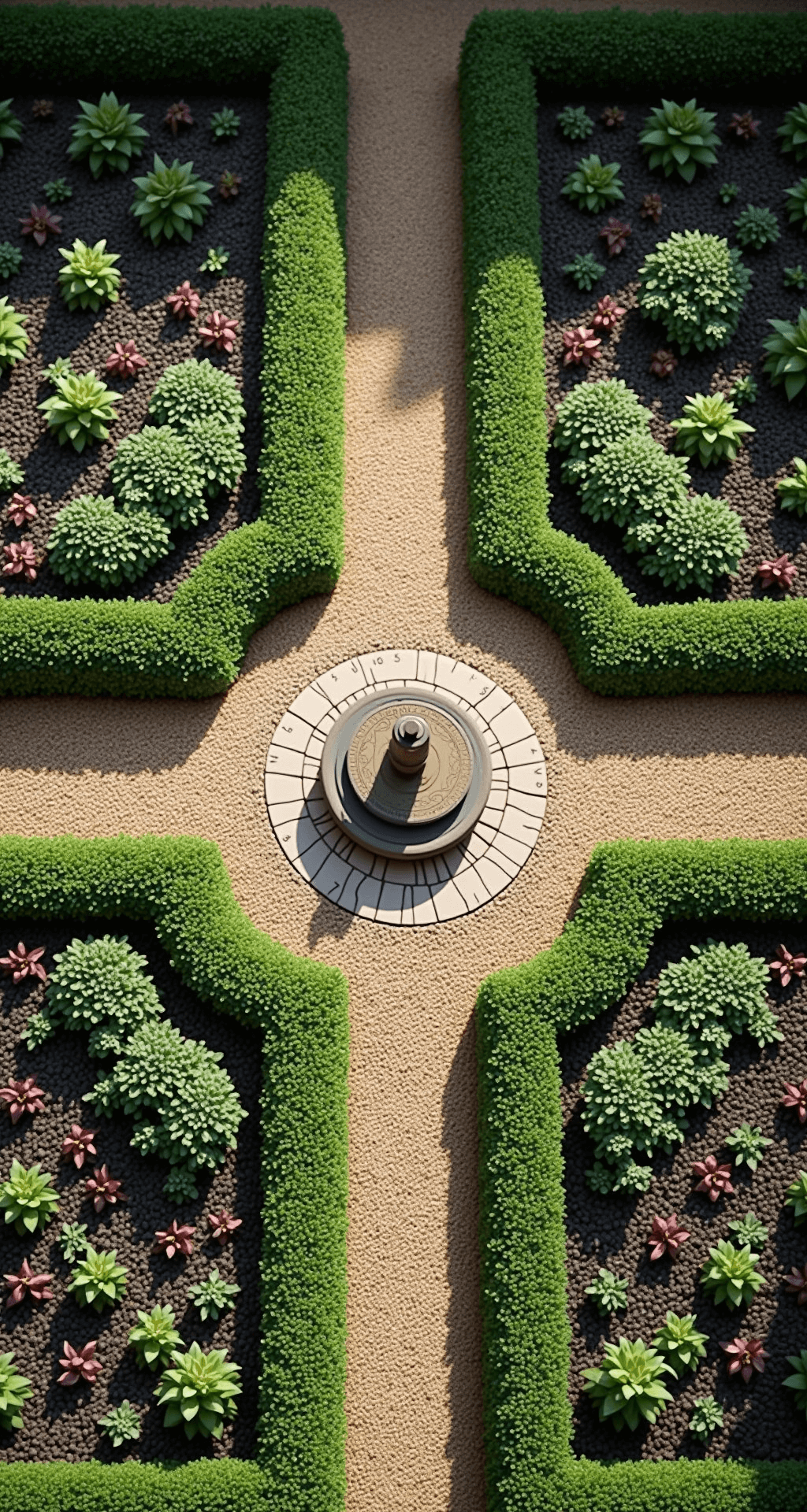 Bird's eye view of a formal cottage garden with geometric raised beds and trimmed boxwood, featuring a circular central area with a vintage sundial. Morning dew glistens on the colorful plantings of purples, pinks, and whites, while gravel paths intersect and strong directional lighting casts dramatic shadows.