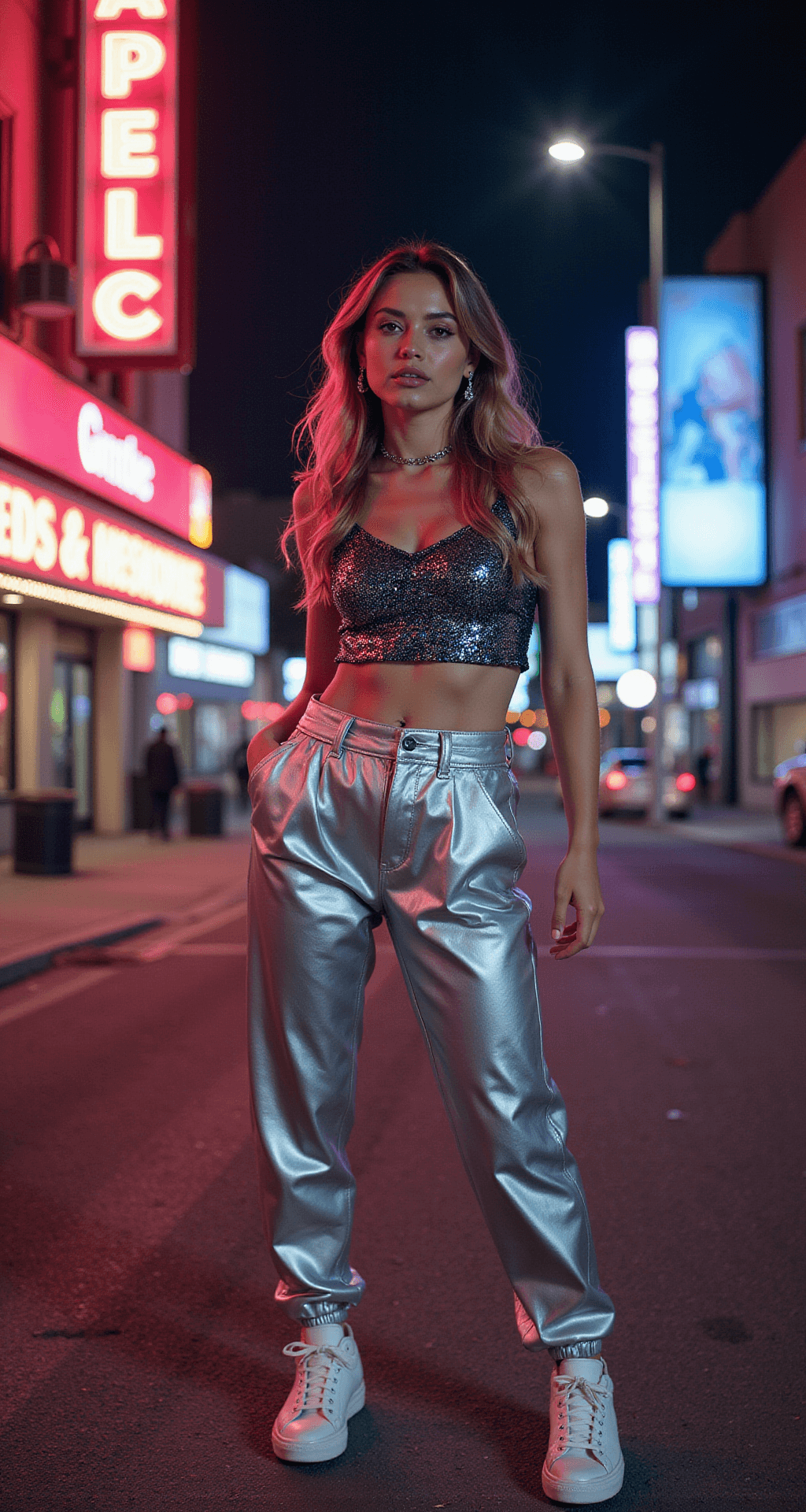 A model in a sequined crop top and high-waisted silver metallic pants stands outside a music venue at night, illuminated by colorful neon signs. Her white sneakers and loose waves complement multiple ear piercings and delicate jewelry, with a slight motion blur conveying the energetic atmosphere of concert night.