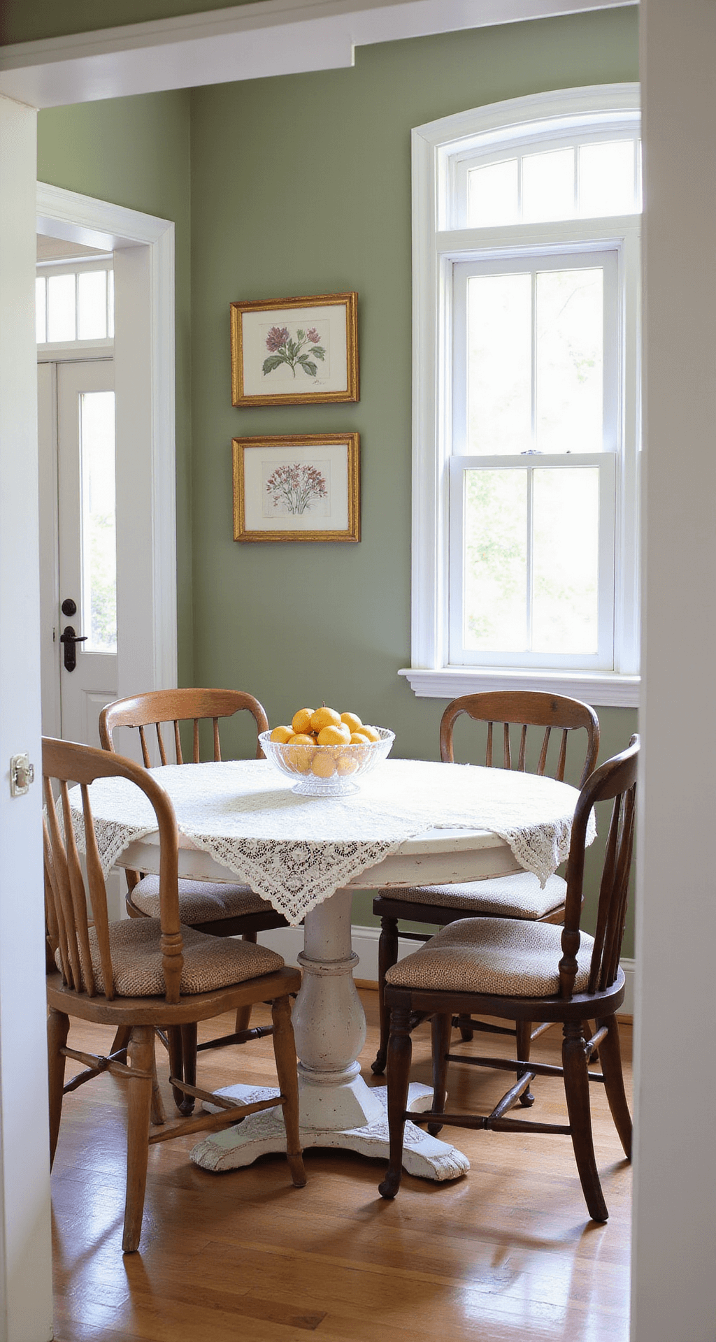 A cozy Sunday morning breakfast nook featuring a round white pedestal table, mixed wooden chairs with needlepoint cushions, and a lace tablecloth adorned with a crystal bowl of fresh fruit, surrounded by vintage botanical prints on sage green walls, all illuminated by natural morning light.