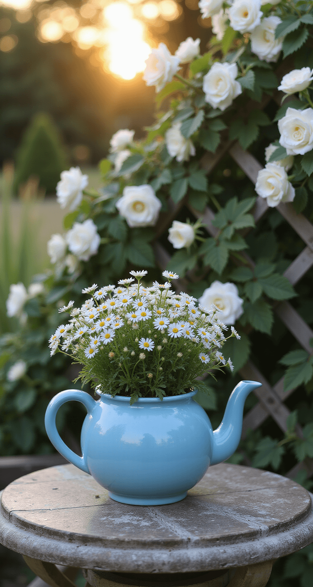 A vintage blue enamel teapot planter overflowing with white alyssum and trailing lobelia sits on a weathered wooden table, illuminated by soft backlighting with a backdrop of climbing white roses on a distressed trellis, captured in a whimsical garden at golden hour.