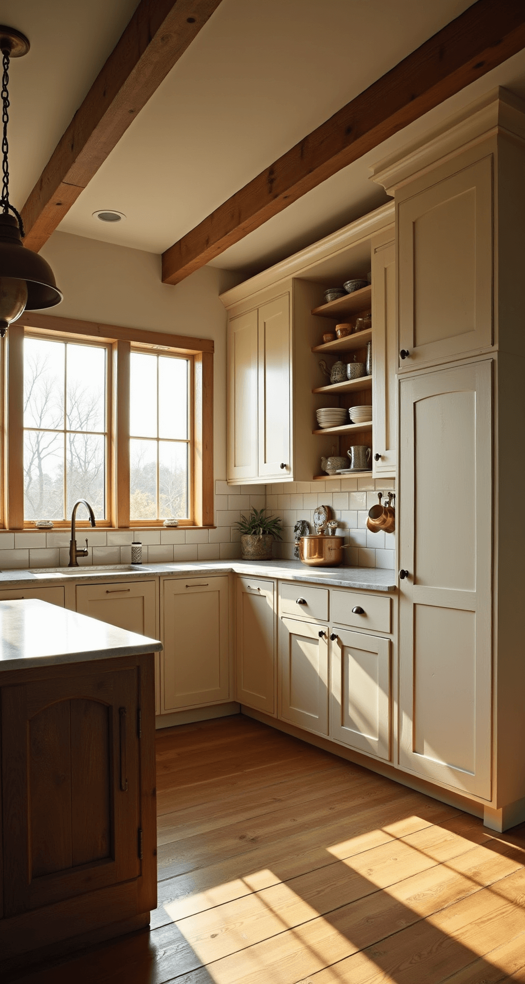 A sunlit farmhouse kitchen with reclaimed oak cabinets, cream-colored walls, and large windows, featuring a distressed wood island, copper pots hanging above, and vintage pendant lights, captured from a low angle at golden hour.