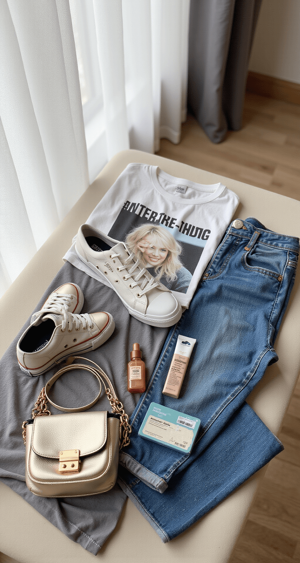 A modern minimalist dressing room bathed in soft morning light, featuring a detailed flat lay of concert essentials, including a compact metallic shoulder bag, comfortable platform sneakers, a breathable cotton graphic tee, high-rise stretch denim, and beauty products, all thoughtfully arranged alongside a concert ticket. The overhead shot captures macro details of textures and materials.
