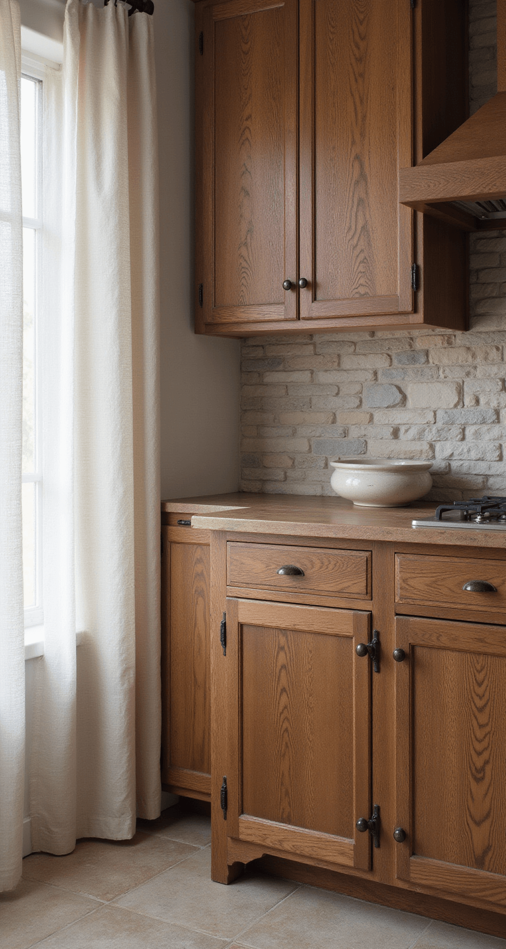 Close-up of a rustic kitchen featuring hickory cabinets with dovetailed joints and brass hardware, illuminated by morning light filtering through sheer linen curtains, showcasing a textured stone backsplash in cream and gray tones.