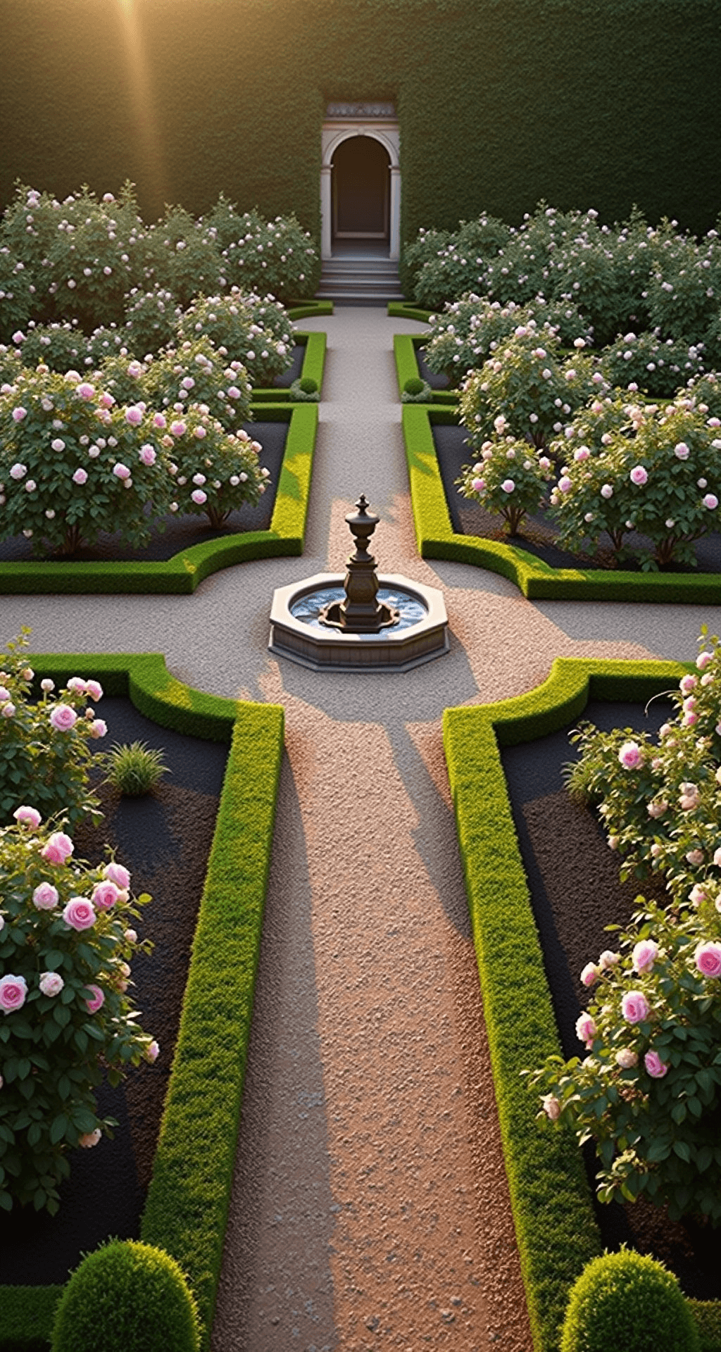 Aerial view of a formal English rose garden at golden hour, featuring symmetrical quadrants of soft pink and cream David Austin roses, classic stone fountains, and boxwood hedges, with crushed gravel pathways and vintage copper accessories.