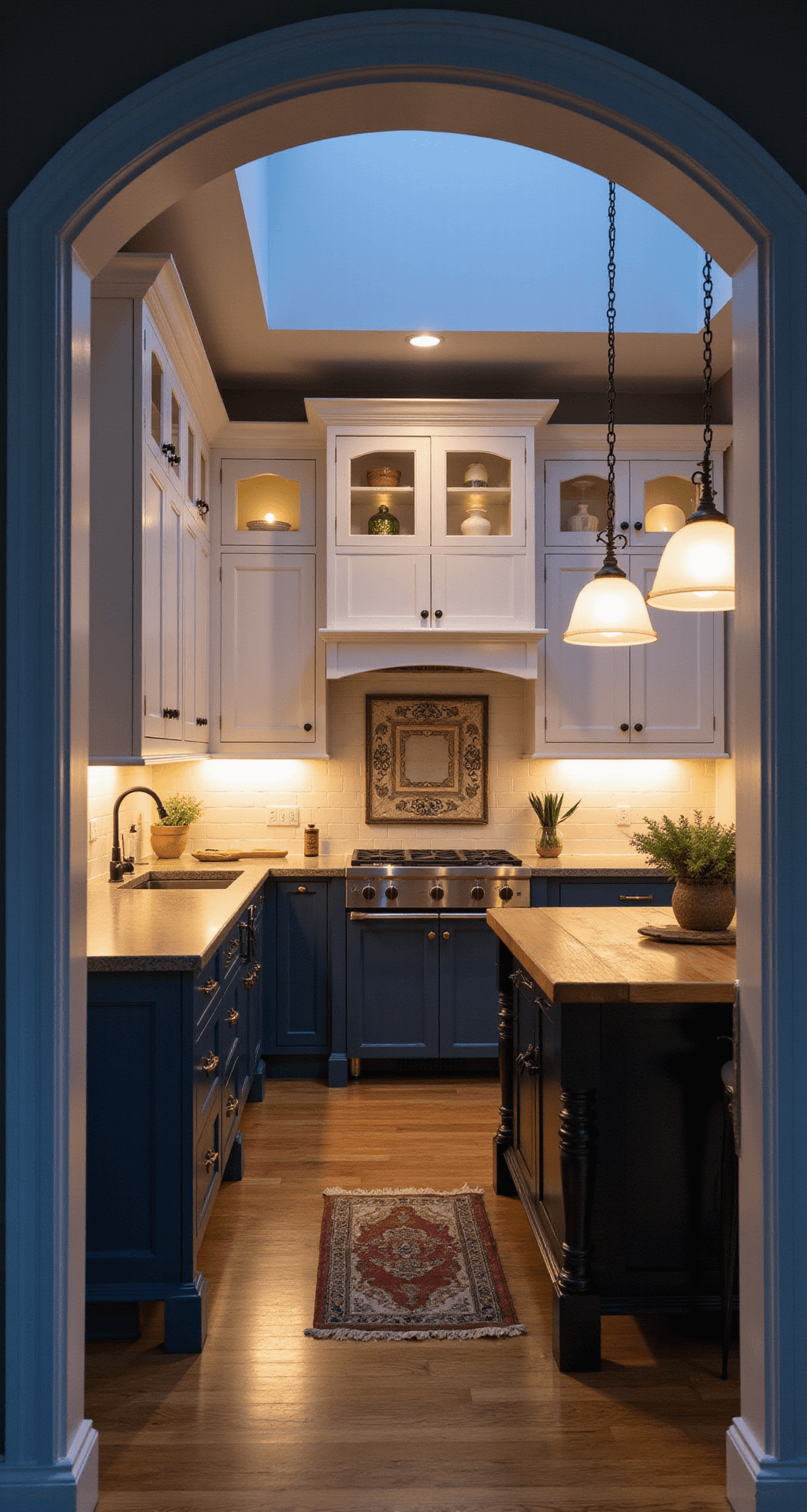Dramatic dusk shot of a two-tone kitchen with navy lower cabinets and white shaker-style upper units, featuring warm LED under-cabinet lighting and pendant lights illuminating a central island with a natural wood top, enhanced by wrought iron hardware and a farmhouse sink.