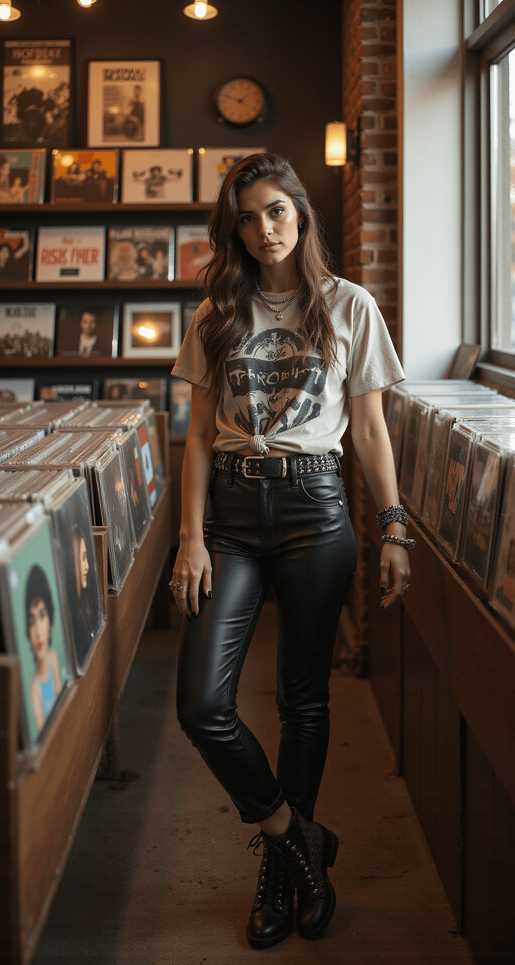 A model browsing vinyl records in a vintage-inspired record store, wearing leather pants, a knotted oversized band tee, studded ankle boots, and layered silver necklaces, with warm spotlight and natural light highlighting her outfit details.