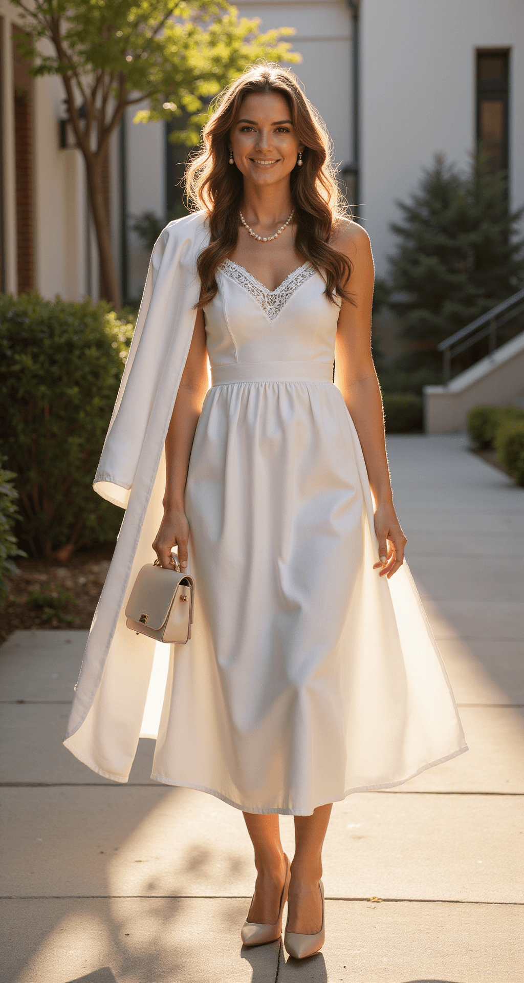 A graduating student in a white A-line midi dress with lace trim stands in a sun-drenched university courtyard at golden hour, holding her graduation gown over one arm. She wears nude block heels and minimal pearl jewelry, with natural makeup and loose waves, as warm shadows and soft bokeh highlight the architectural details in the background.