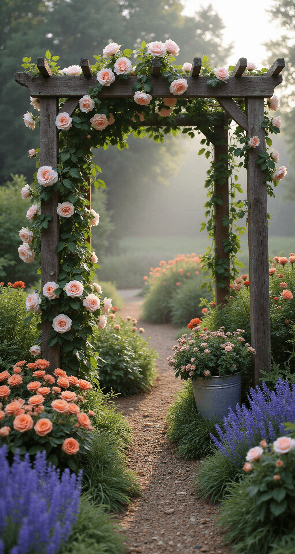 A cozy cottage garden corner at dawn, featuring a weathered wooden arbor draped in pale pink 'New Dawn' roses. Morning mist and soft light enhance the whimsical atmosphere, while informal borders of lavender, catmint, and coral and apricot floribunda roses bloom abundantly. Vintage zinc containers spill over with trailing plants, and dewdrops glisten on the petals. The low camera angle provides an immersive perspective.