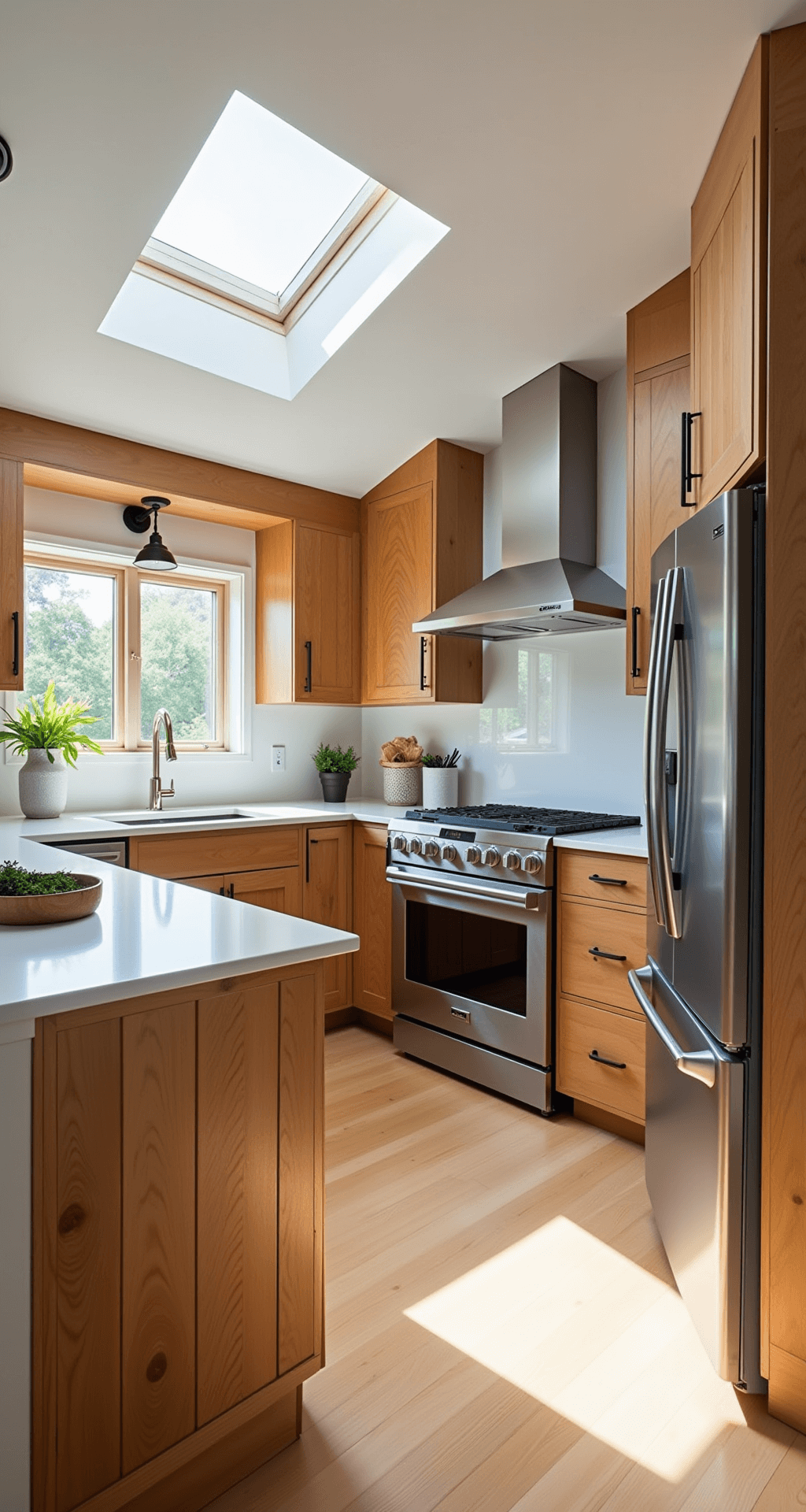 A bright modern-rustic kitchen with knotty pine cabinets and stainless steel appliances, captured from a high angle. Natural light pours in from skylights, highlighting white quartz countertops, organic wood textures, and fresh herbs in artisanal ceramics.
