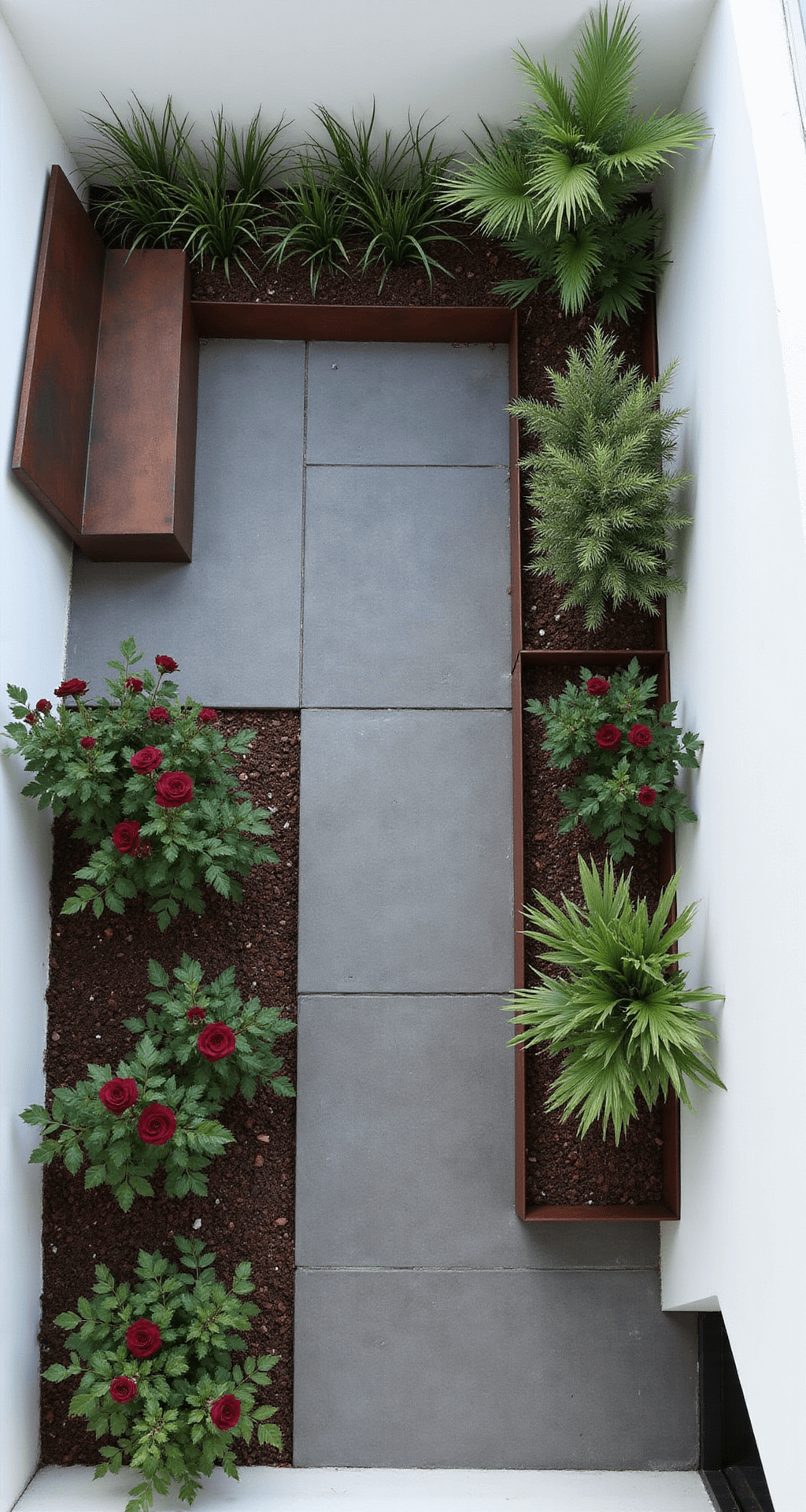 Aerial view of a modern minimalist rose garden featuring a 20x20ft courtyard with charcoal concrete pavers and corten steel planters, showcasing deep burgundy 'Black Baccara' roses against white walls, ornamental grasses, and contemporary teak benches, with hard shadows emphasizing the graphic layout.