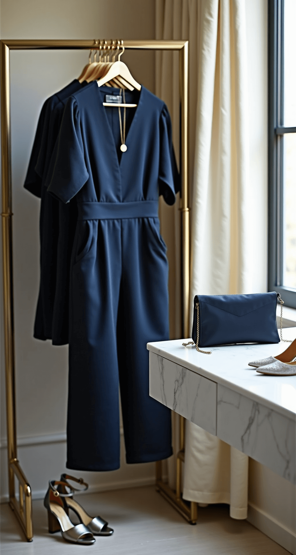 A sophisticated navy blue jumpsuit hangs on a brass clothing rack in a modern minimalist dressing room with floor-to-ceiling windows, illuminated by soft afternoon light. Nearby, metallic block heel sandals, a delicate gold pendant necklace, and a sleek clutch are arranged on a white marble vanity, showcasing the jumpsuit's luxe crepe fabric and flowing movement.