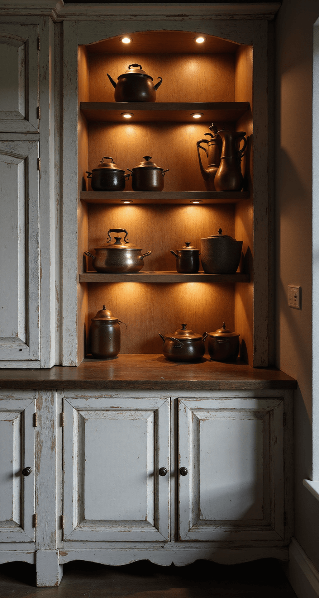 An atmospheric evening scene showcasing distressed white cabinets and open shelving, featuring copper cookware and vintage pottery illuminated by warm accent lighting, with deep shadows highlighting the wood grain and creating a moody ambiance.