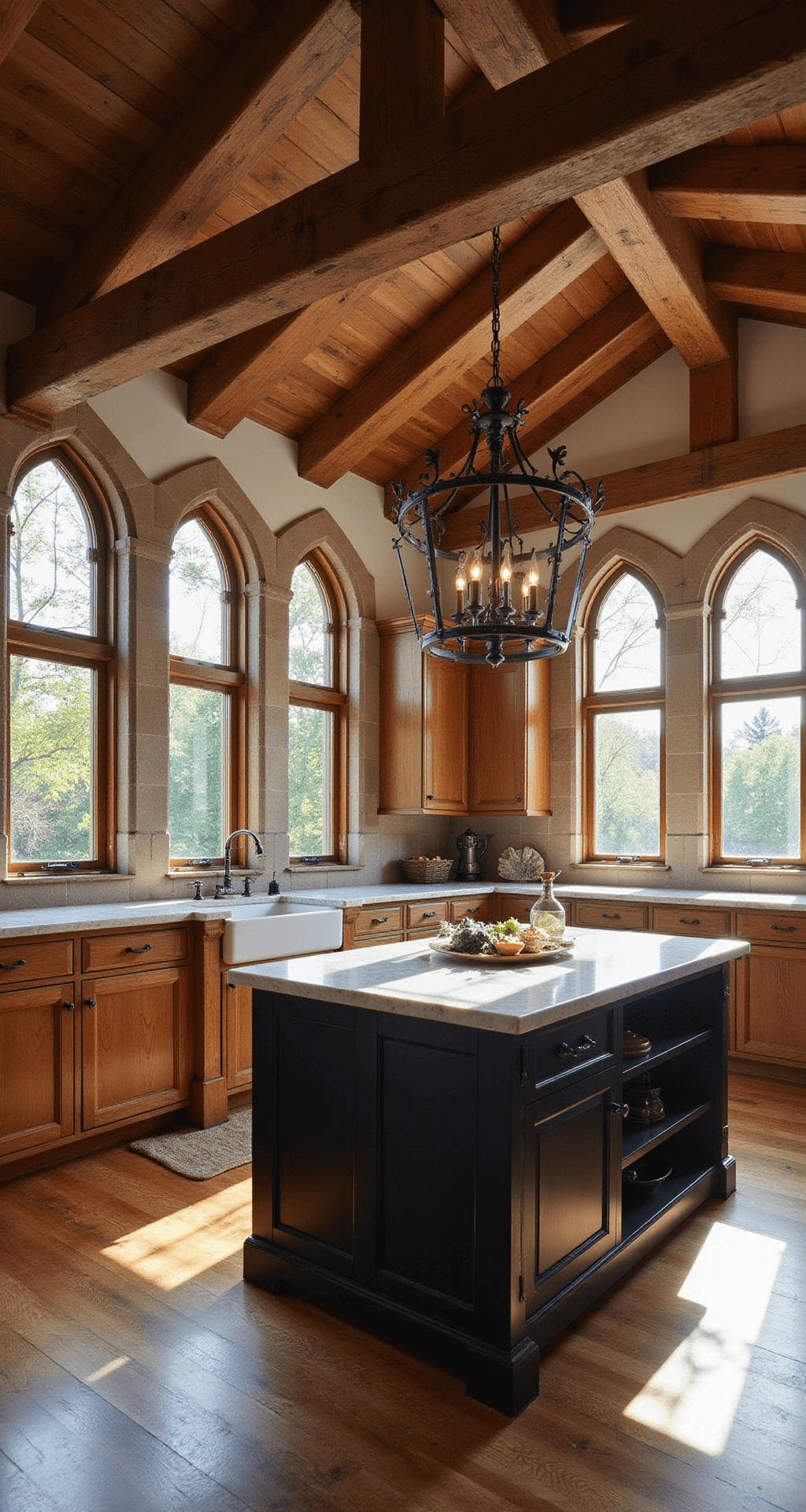 A wide-angle view of a cathedral-ceiling kitchen featuring exposed beams, rustic oak cabinets, arched windows letting in morning light, a central island with a black-stained wood base and white marble top, and medieval-style wrought iron chandelier and hardware.