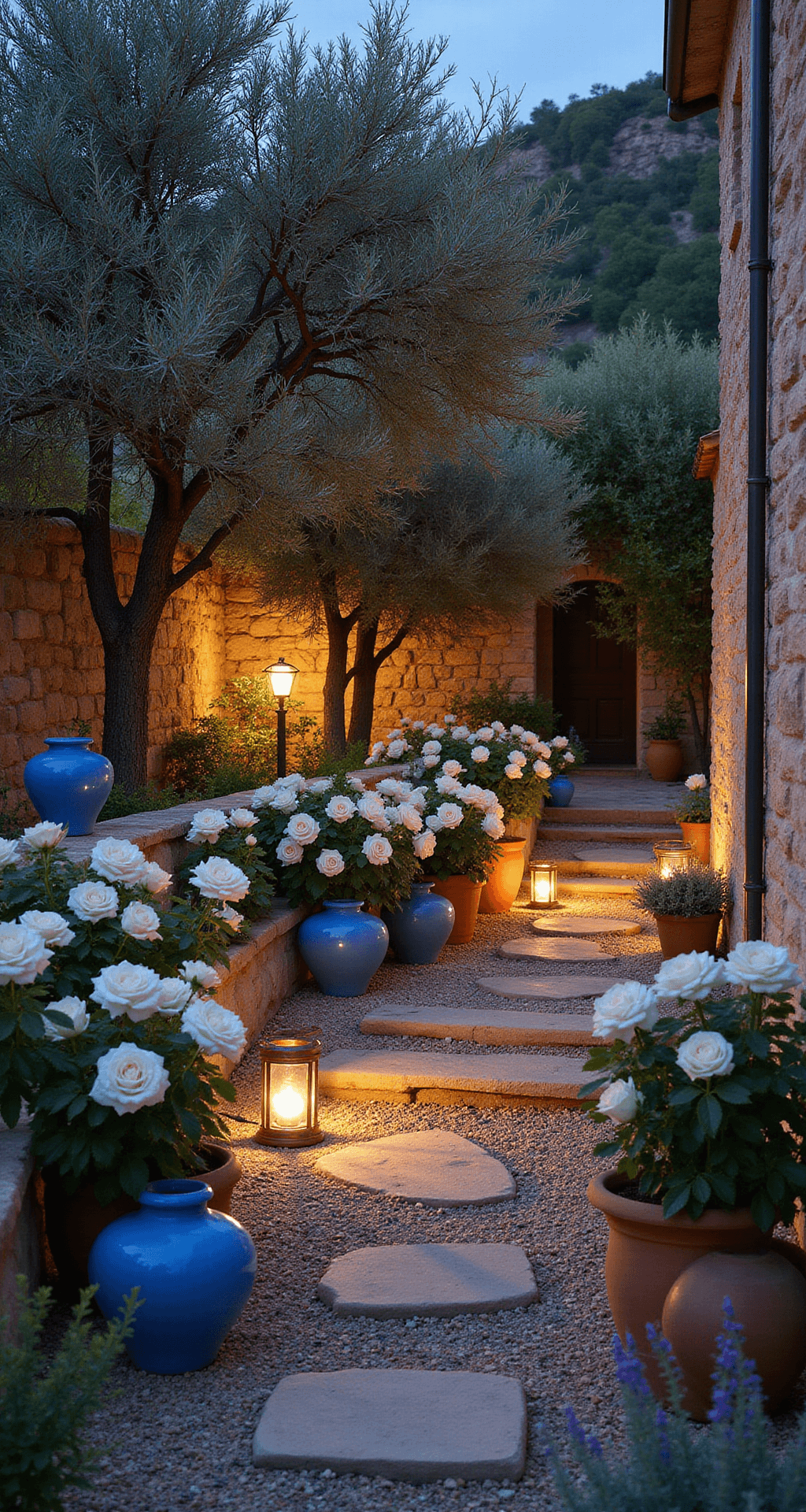 Twilight in a Mediterranean rose garden featuring white 'Iceberg' roses, rustic stone walls, terra cotta pots, and copper lanterns illuminating gravel paths, with sculptural olive trees and mixed textures of roses, lavender, and citrus.