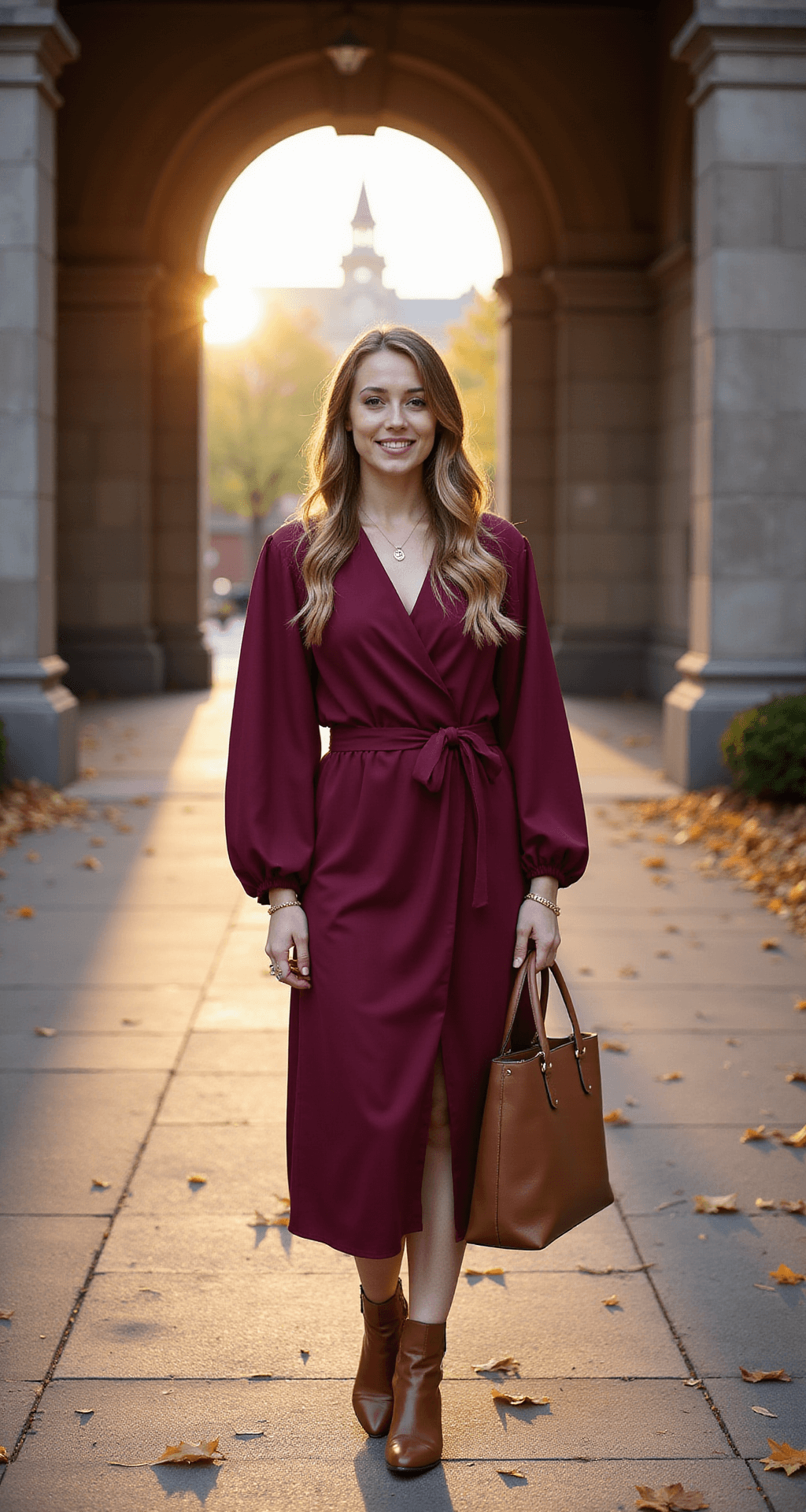 A graduate in a burgundy wrap dress and cognac leather block heel boots stands under an autumn archway, framed by fallen leaves and historic architecture in warm golden light, with a taupe leather tote by her side.