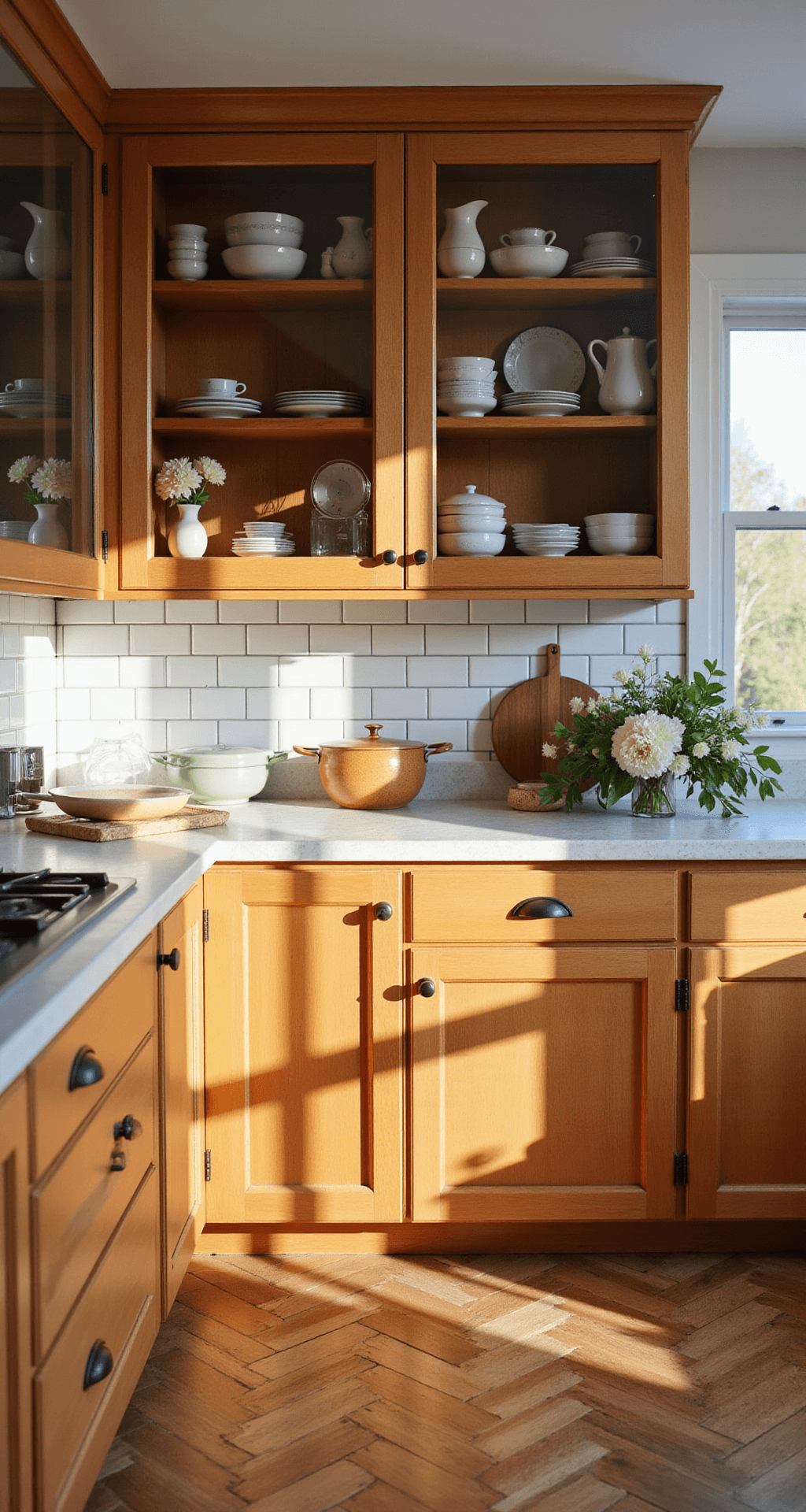A warm kitchen scene with honey-colored maple cabinets featuring glass fronts showcasing vintage dishware, illuminated by late afternoon light casting long shadows across herringbone wood floors. Bright white stone countertops and a subway tile backsplash contrast beautifully, while fresh flowers and vintage cooking implements add a charming touch.