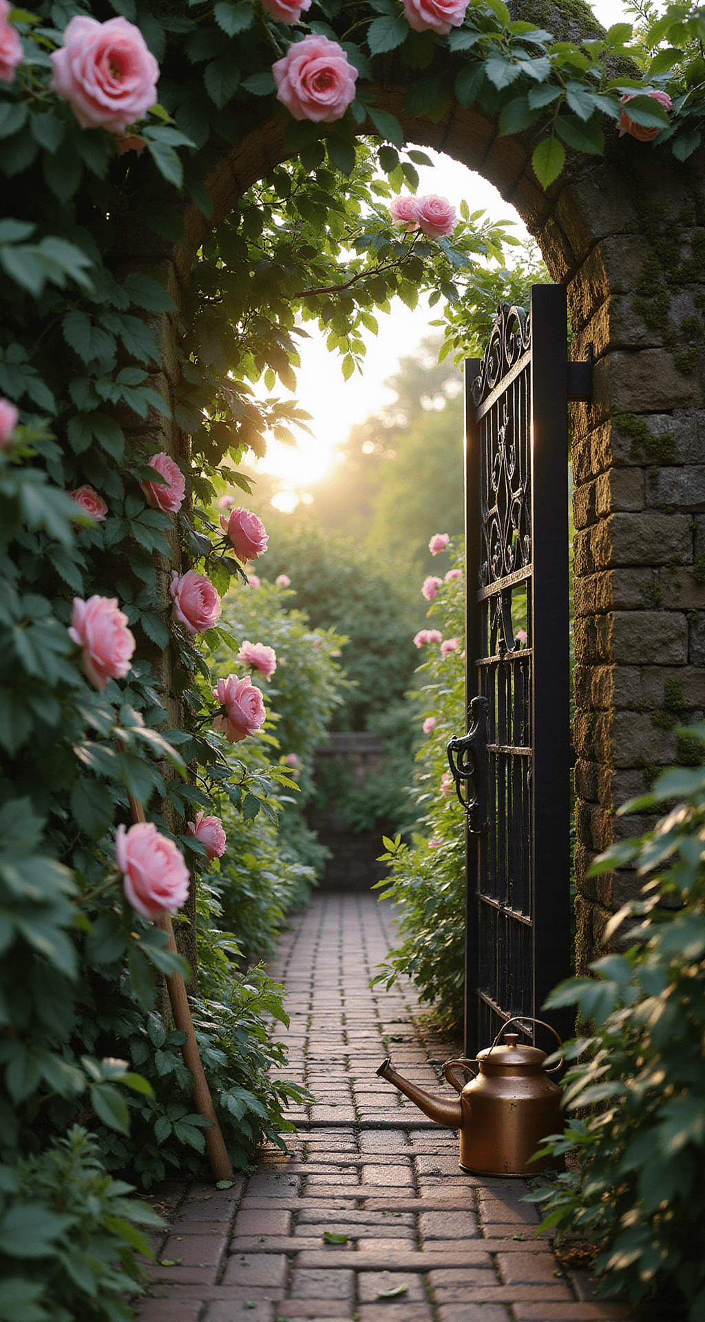 Secret garden entrance at dawn, featuring a narrow brick pathway through an antique iron gate adorned with 'Cecile Brunner' roses, illuminated by soft backlight. Moss-covered stone walls and vintage garden tools enhance the enchanting atmosphere, captured from a low camera angle looking up through the rose arches.